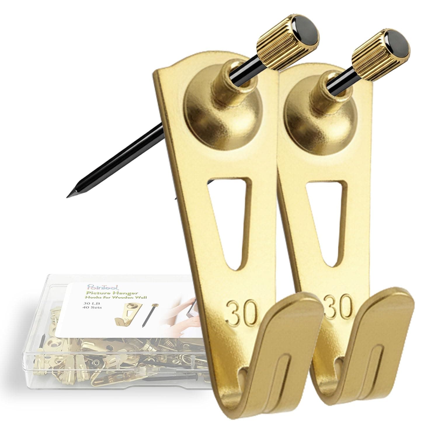 Pointool Picture Hangers, Extra Thick, 30 lb, for Decorative Drywall & Plaster Walls - Small Nails for Painting, Frame Hooks to Hang for Hanging, 40 pcs, Gold
