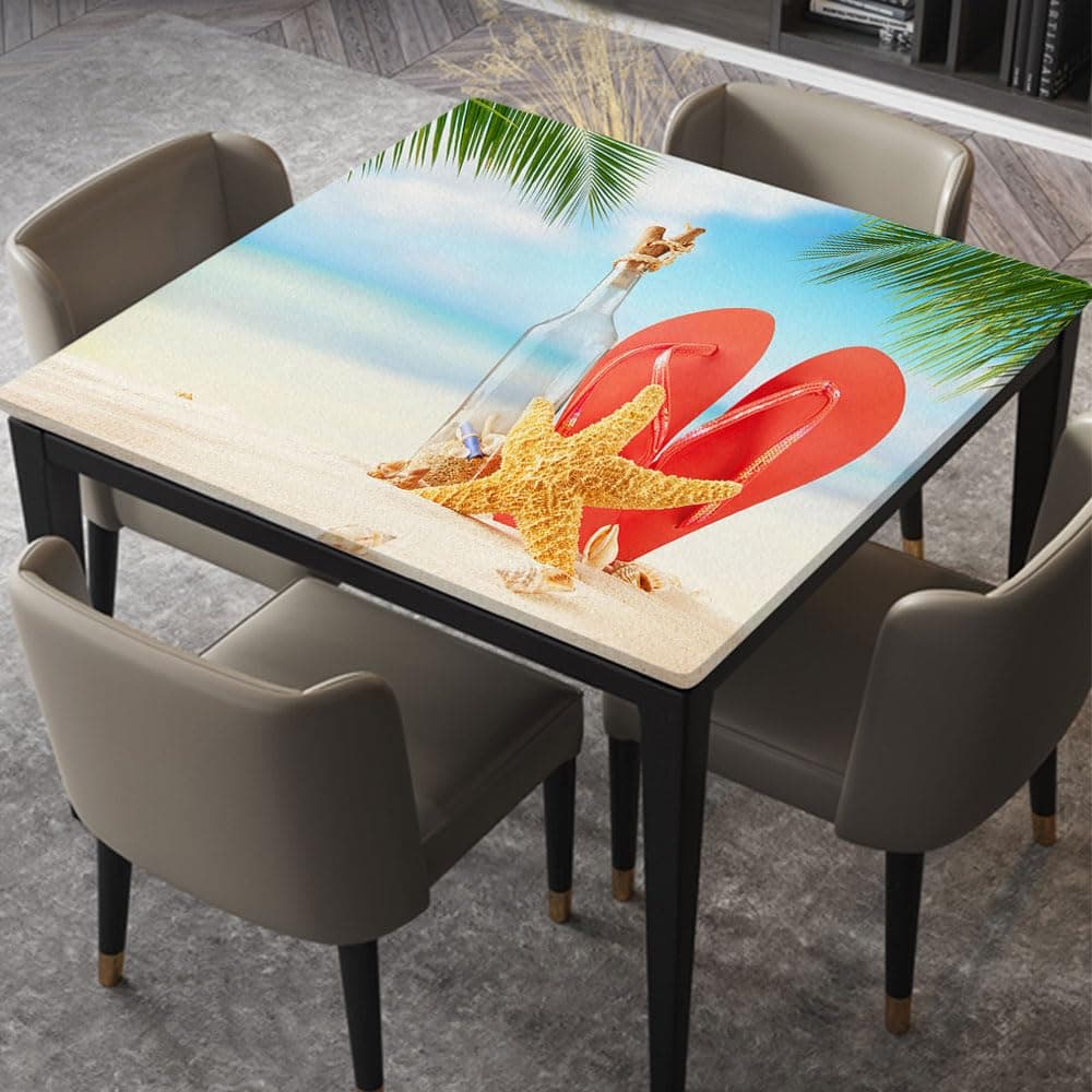 USJJOEO Summer Accessories On Sandy Beach Background Tablecloth with Elastic Edge Square Table Cloths Washable Table Cover for Home Kitchen Picnic Party, Fitted for 60"x60" Square Table, Style 151
