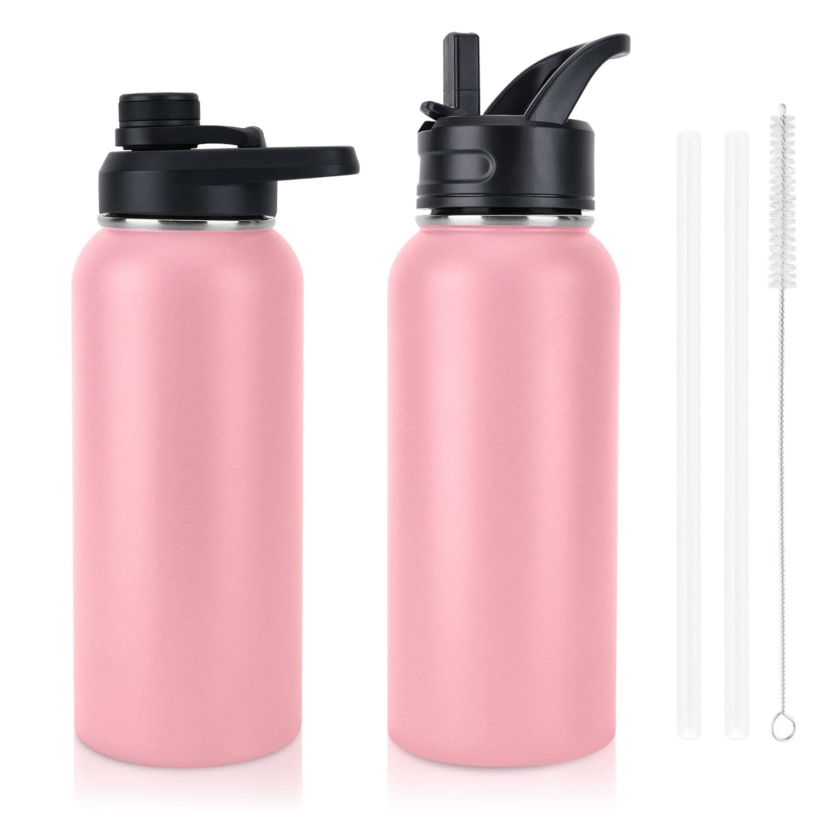 Insulated Water Bottle, 32oz Vacuum Stainless Steel Metal Sports Water Bottles with Stickers, Straw & Spout Lid (2 Lids), Double Walled to Keeps Hot and Cold, Leak Proof, BPA-Free, 32oz (All Pink)