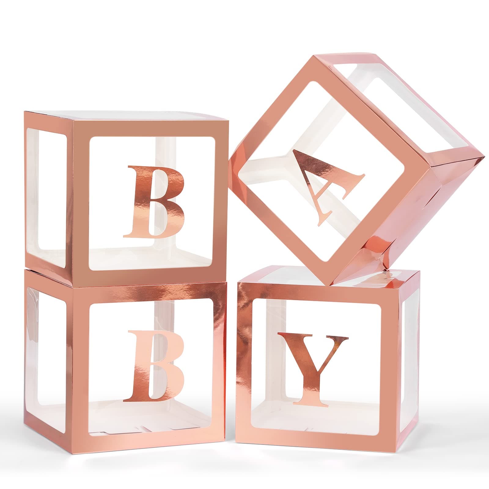 Voircoloria Baby Boxes with Letters, Rose Gold, 4 Transparent Balloon Boxes