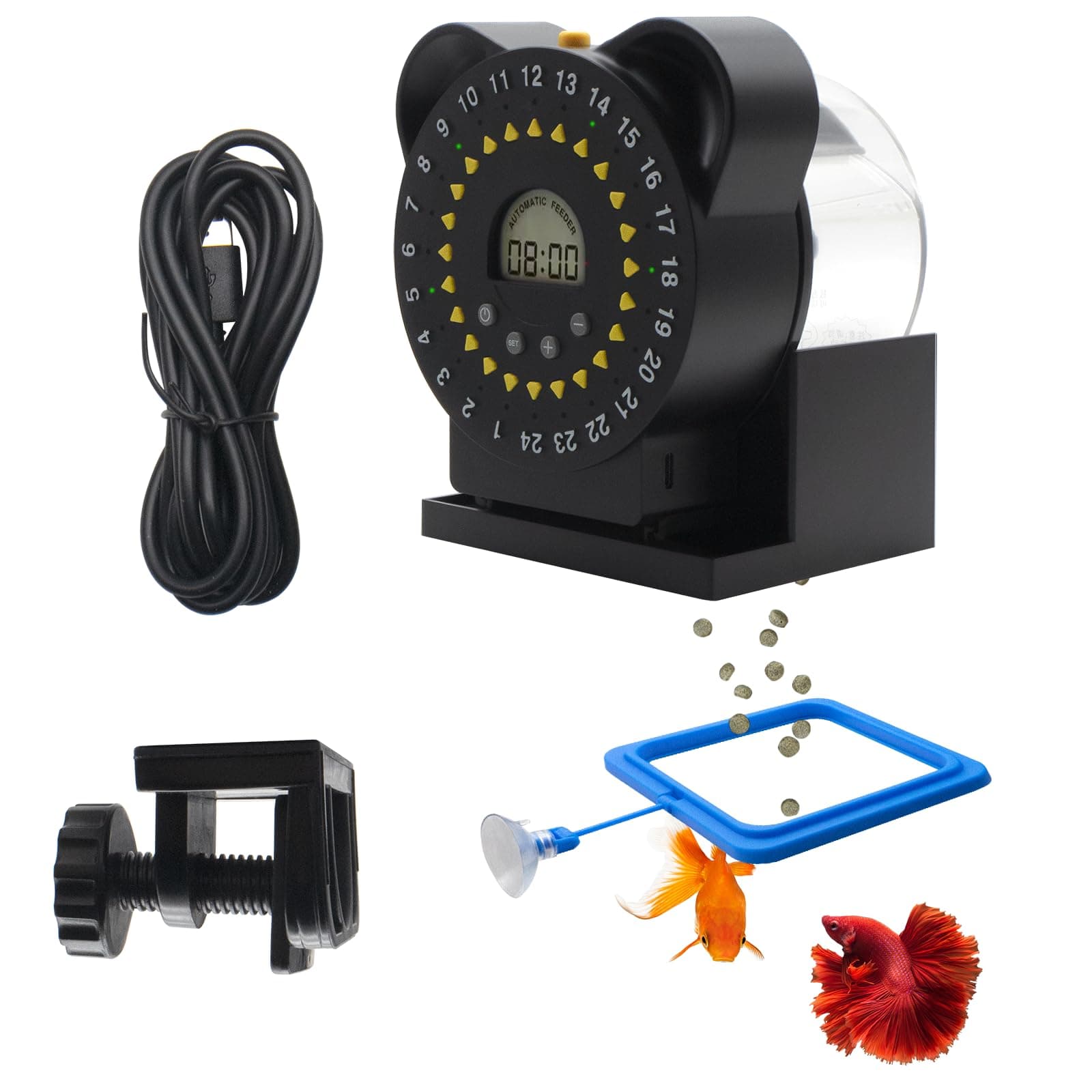 YQMIGU Fish Feeders for Aquariums LCD Display,Automatic Feeder USB,Up to 24 Feedings A Day, with Food Containers 280 ML Capacity, Fish Feeding Ring, Suitable for Vacation Weekend Day
