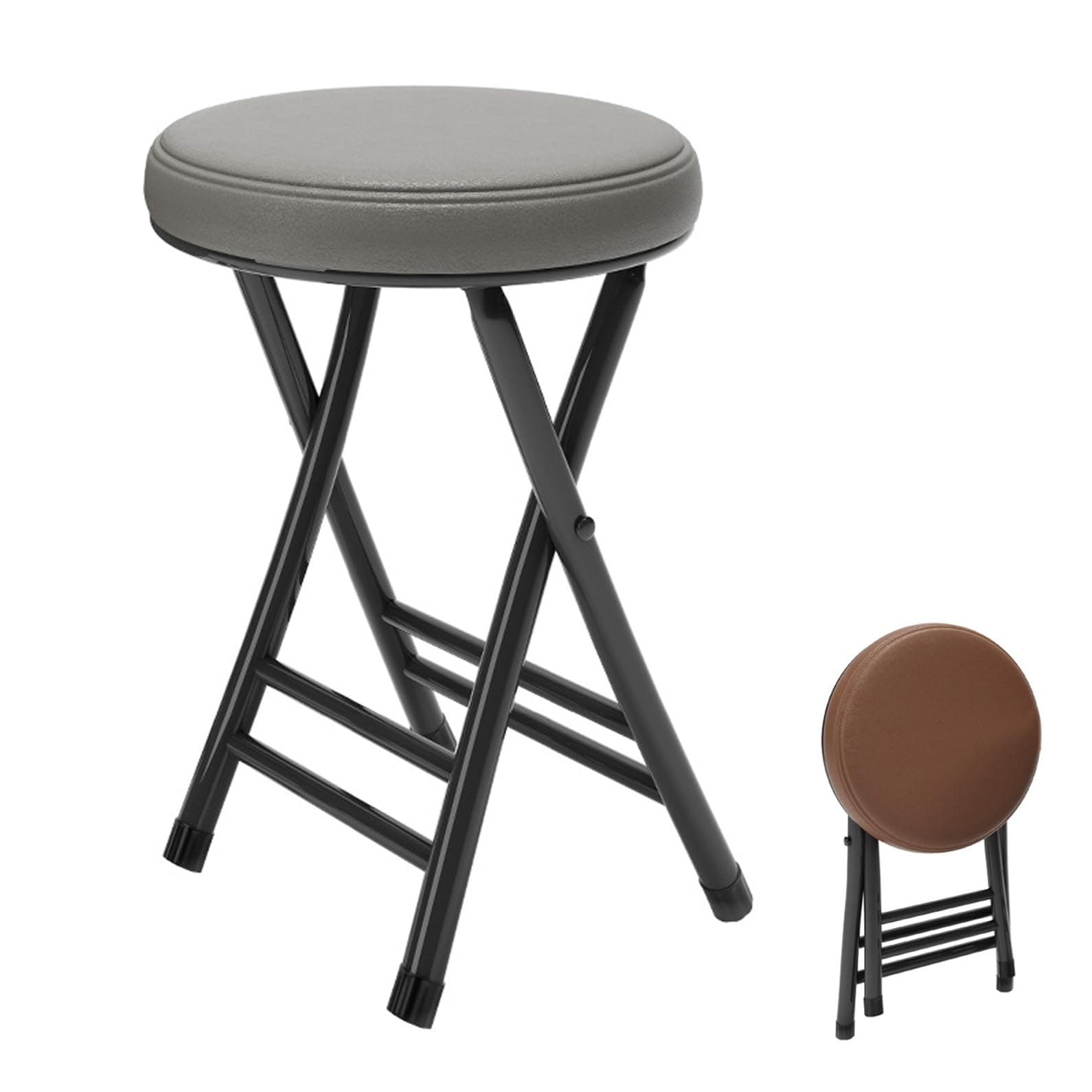 Folding Barstool Home Folding Stool,20" Backless Folding Chair Foldable Chair with Cushion,Round Portable Chair Foldable Padded Stool for Breakfast Indoor Garden Office,Outdoor(Gray - Black Shelf)