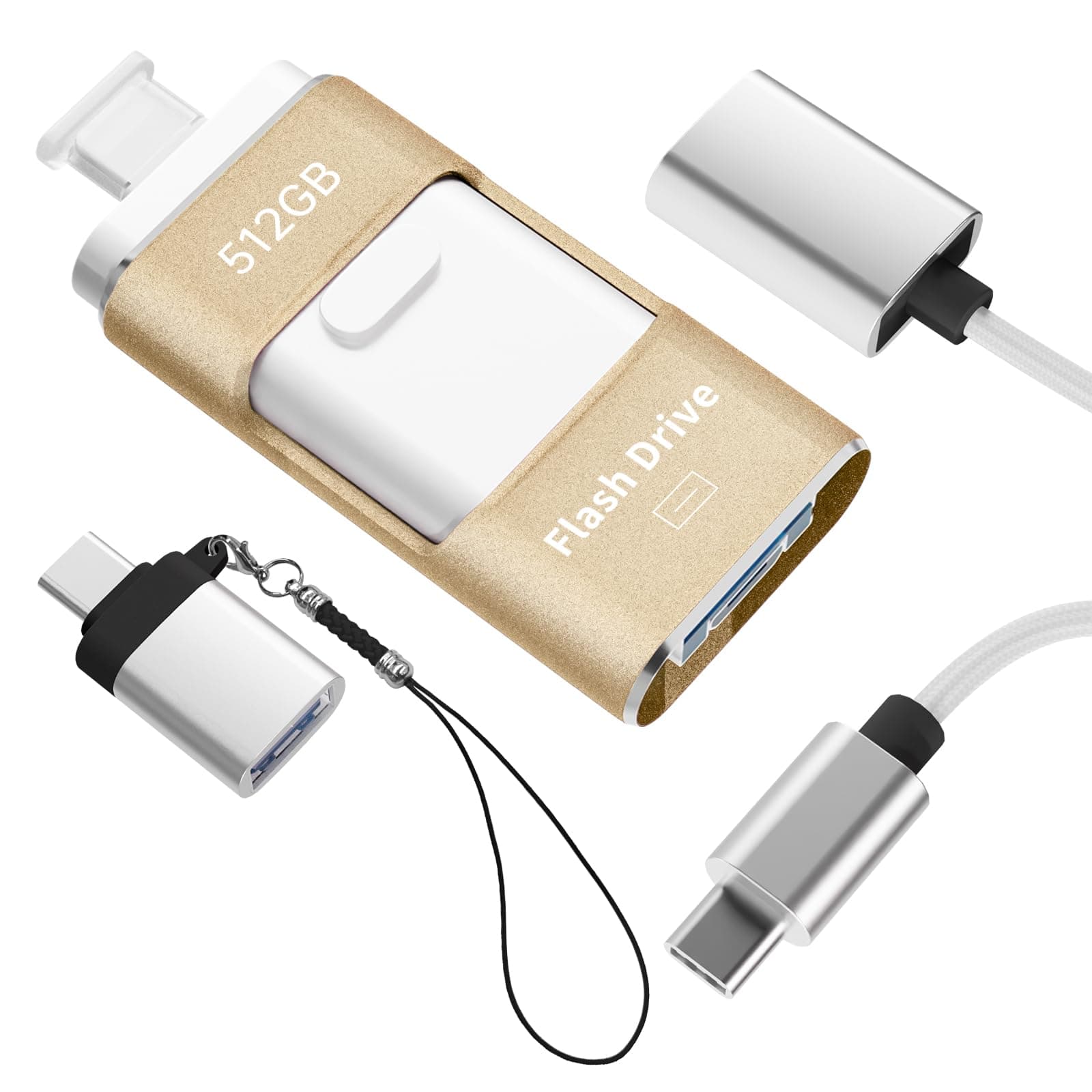 No App Needed 512GB Phone Photo Stick, 4in1 USB Flash Drive,USB 3.0 External Storage, Compatible with iOS Android PC (Gold)