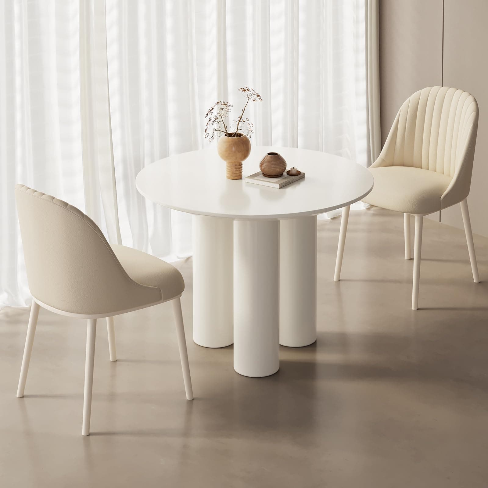 White Round Dining Table with 2 Chairs, 100cm Round Kitchen Table with 2 Comfy Elastic Shell Chairs Sets for Ktichen, Dining Room