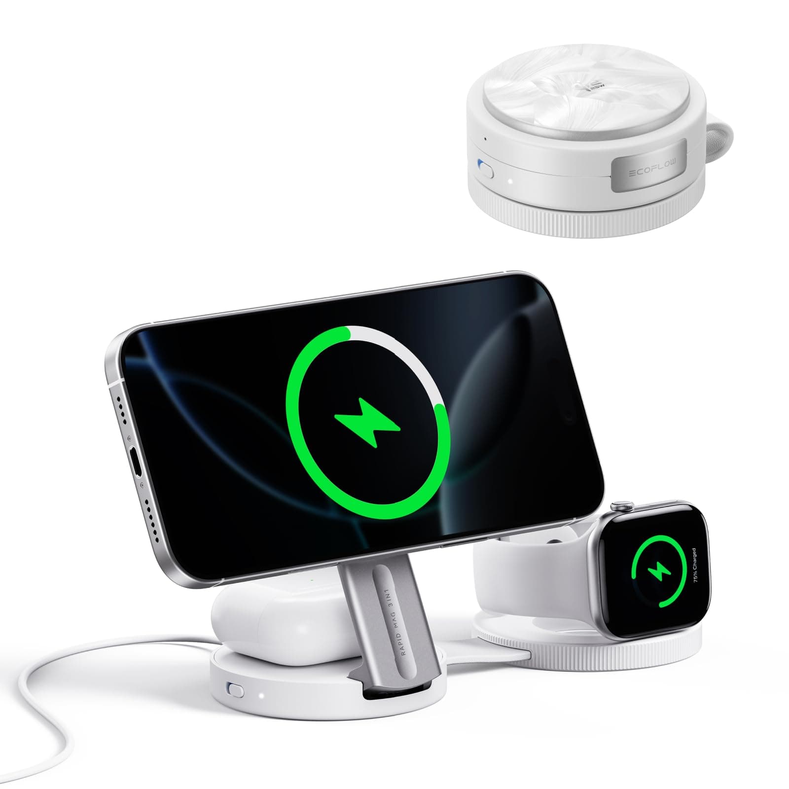 EF ECOFLOW Rapid Mag 3-in-1 Magnetic Wireless Charging Station, Qi2.2 25W Foldable MagSafe Charger Stand for iPhone 17/16/15, Apple Watch & AirPods, Travel-Ready, with 40W Adapter, White