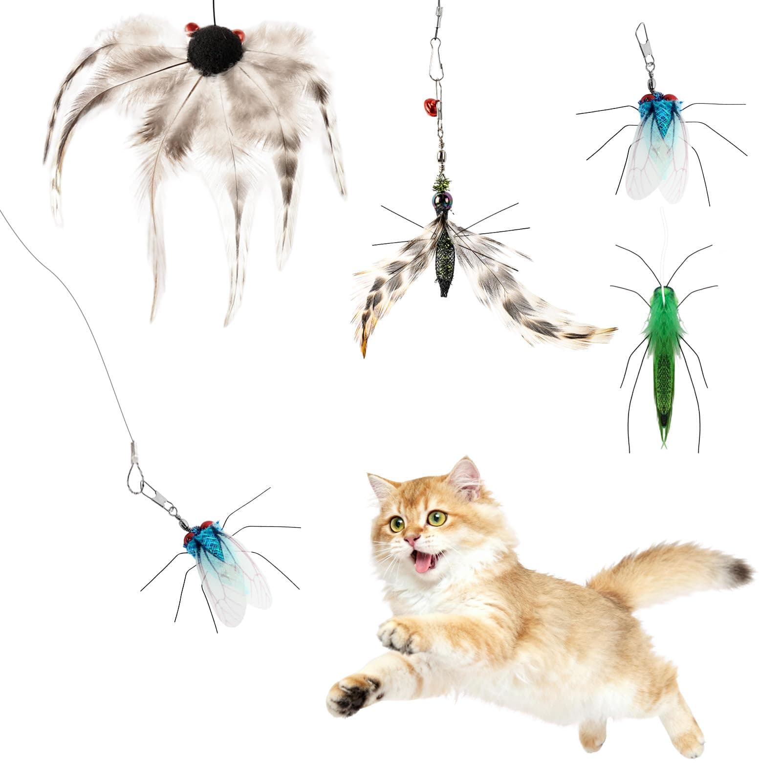 ottmat Cat Wand Replacement Toys 4 Insects Cat Toy Wand Refills for Indoor Cats with Ropes and Tinkle Bells (Grasshopper,Cicada,Fly Ant,Spider cat Feather Toys)