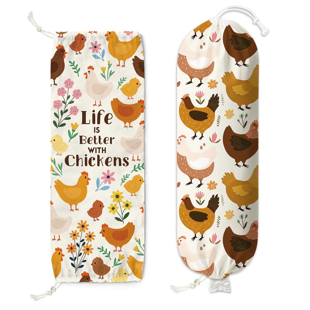 Doodlream 2 Pcs Chicken Plastic Bag Holder, Hanging Grocery Bag Organizer with Drawstring Bottom, 58.5 x 23 cm Large Storage Bags Dispenser Canvas Reusable Washable Space Saving