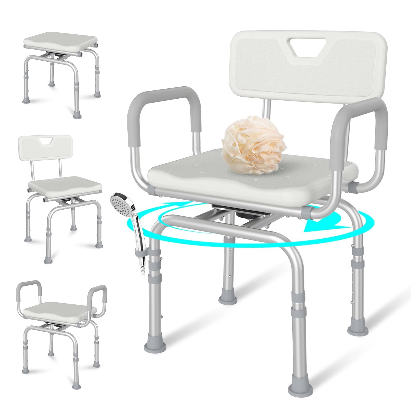 Ruiers 360 Swivel Shower Chair with Back and Arms, 400lbs Heavy Duty Adjustable Bath Chair for Elderly Disabled Bariatric Pregnant, Handicap Shower Seat for Inside Tub