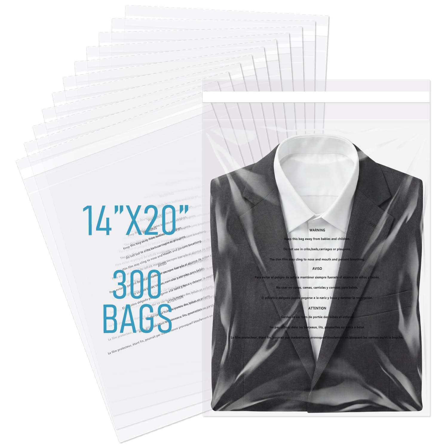 ForraFun 300 Pcs Clear Resealable Cellophane Plastic Bags 14” x 20” Self Adhesive for Packaging Shirts for Packaging Clothes Shipping