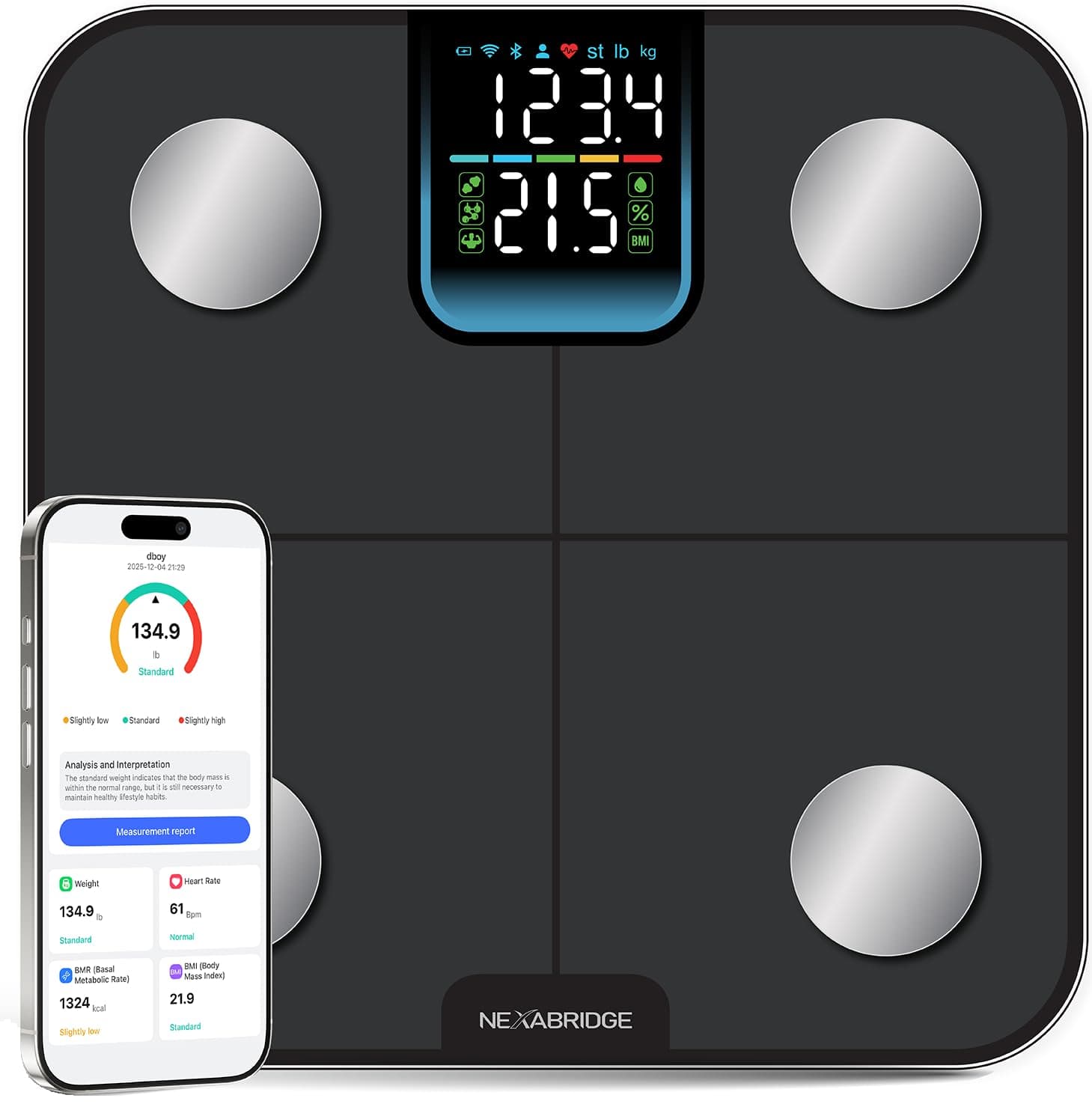 NEXABRIDGE Smart Scale for Body Weight, BMI, Body Fat, Muscle Mass, 7-in-1 Large Display Digital Bathroom Scale, 25 Body Composition Analysis, Sync App, Bluetooth, 400 lbs - Nexa 3
