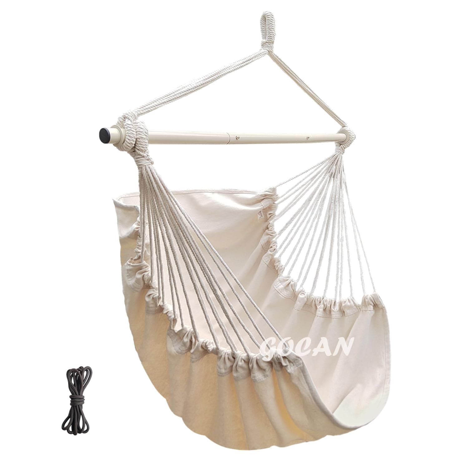Hammock Chair Large Hammock Swing, 100 x 135cm Load 150kg, Cotton Hammock Chair Metal Spread Bar Wide Seat Swing Chair (Beige)