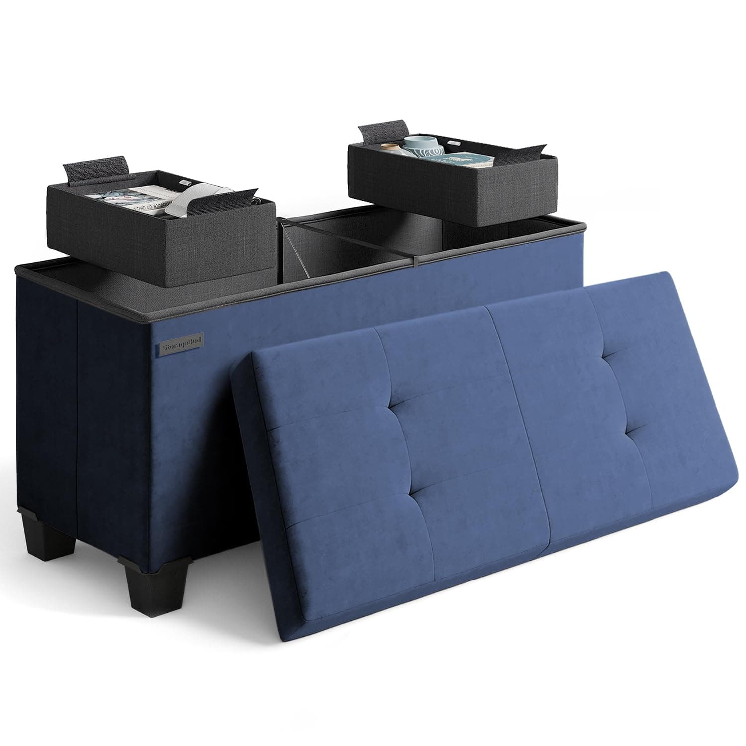 Storage Ottoman Bench with Bins, 30-in Storage Bench for Bedroom End of Bed, Folding Foot Rest Ottoman for Living Room Max 660lbs, Velvet Ottomans, Blue