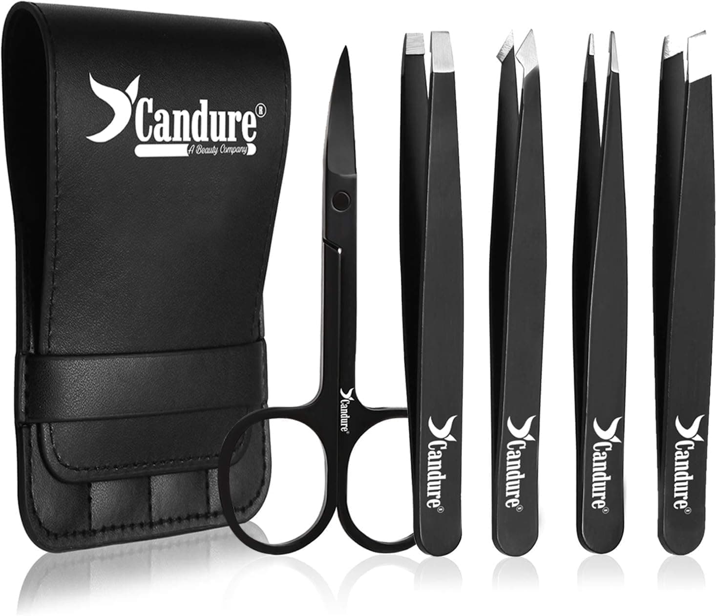Candure Eyebrow Tweezers Set 5Pcs – Professional Stainless Steel Precision Tweezers Kit for Facial Hair, Ingrown Hair, Blackheads & Splinters – Slant, Pointed & Flat Tip for Women & Men (Black)