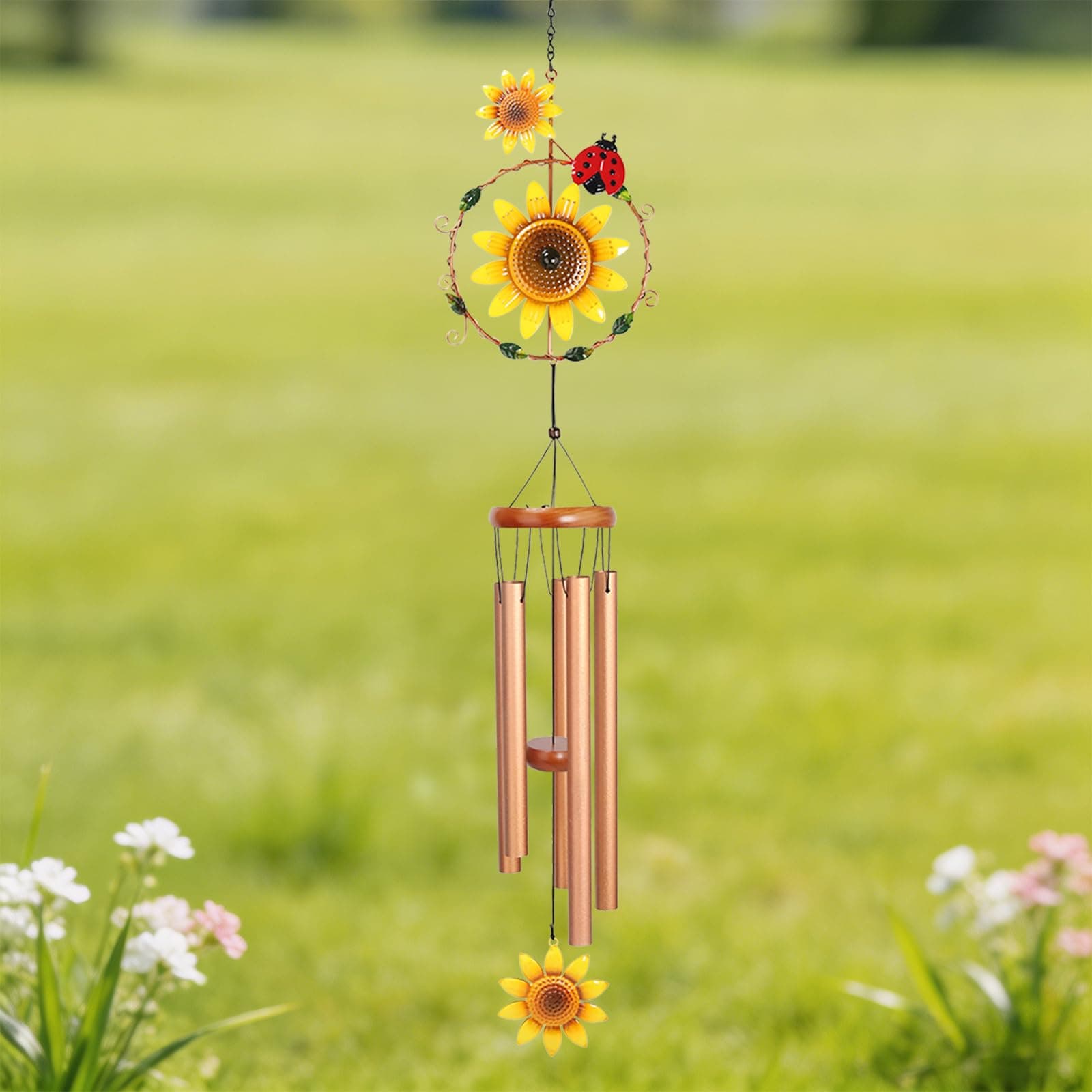 Sunflower Wind Chime - Outdoor Metal Wind Chimes for Patio & Garden - Rust-Proof Lightweight Design with Deep Melodic Tones - Perfect Soothing Gift for Relaxation (Coppery, 46" Long)