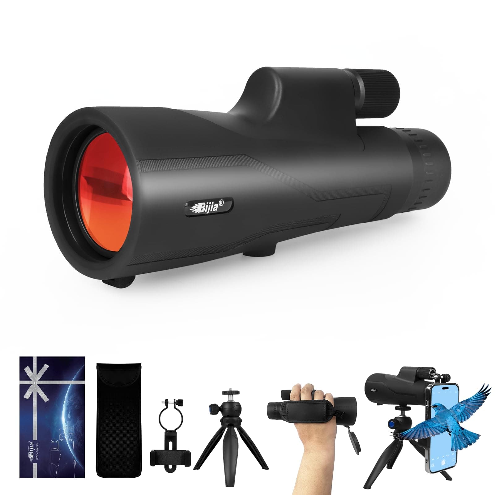 BIJIA 12x52 ED Monocular Telescope with Tripod & Phone Adapter – BAK4 Prism, Fully Multi-Coated Lens, Waterproof High Power Scope for Bird Watching, Hunting & Travel