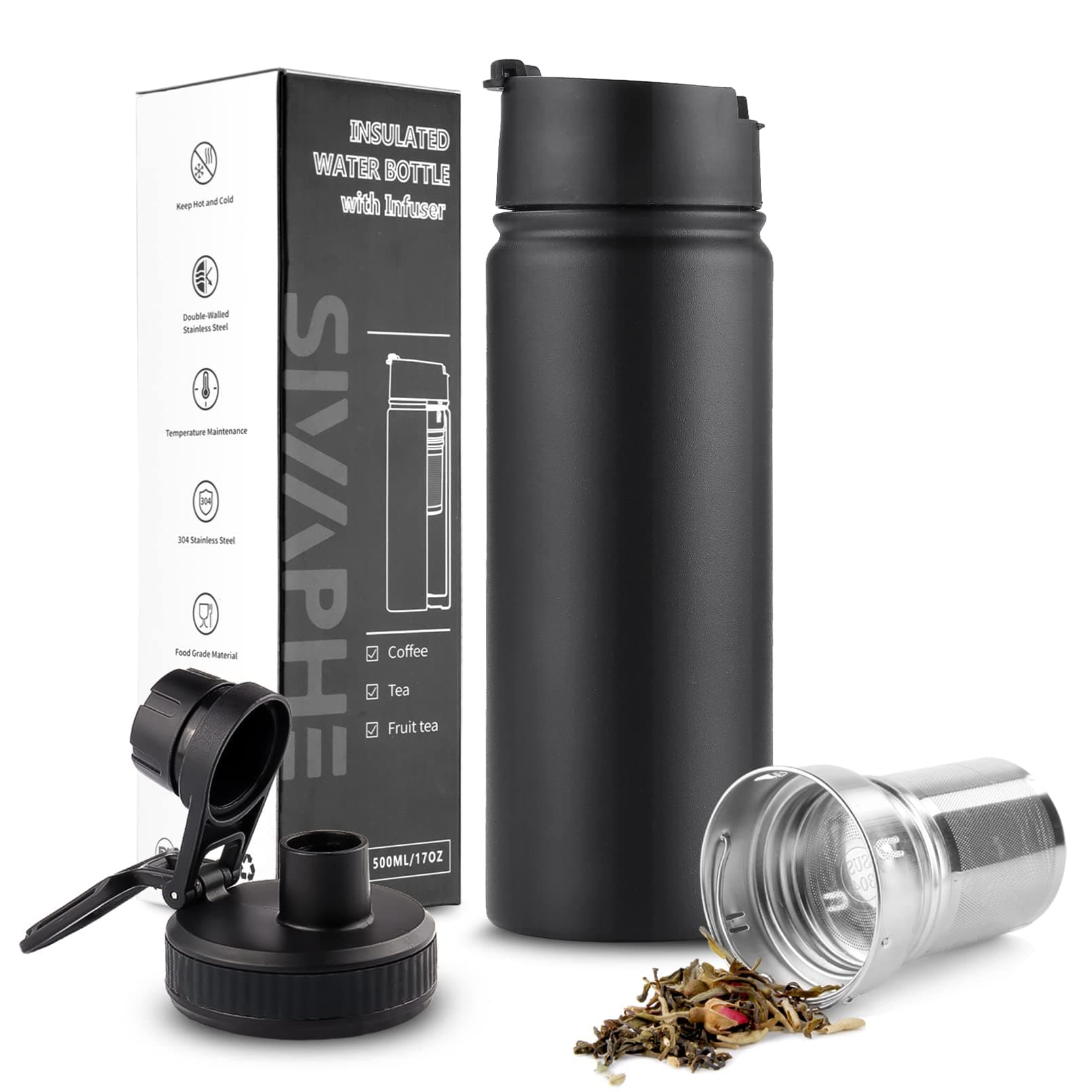 Sivaphe 17oz/500ml Insulated Water Bottle with Removable Stainless Steel Infuser Basket, Double Wall Vacuum Travel Mug (Black)