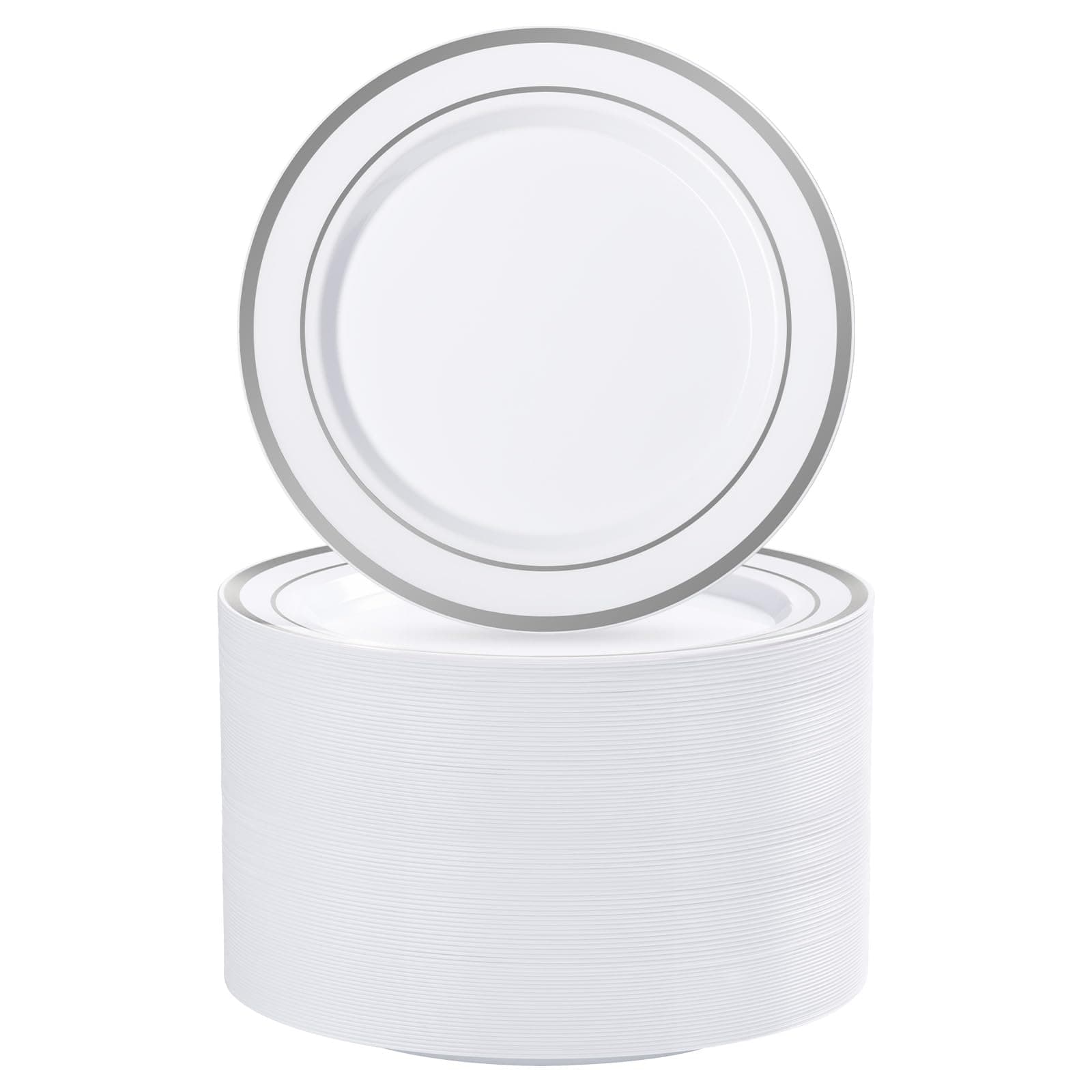100PCS Silver Plastic Plate, 7.5 Inch Disposable Dessert Plate Party with Silver Rim, Heavy Duty Disposable Plastic Plates for Party, Wedding and Birthday