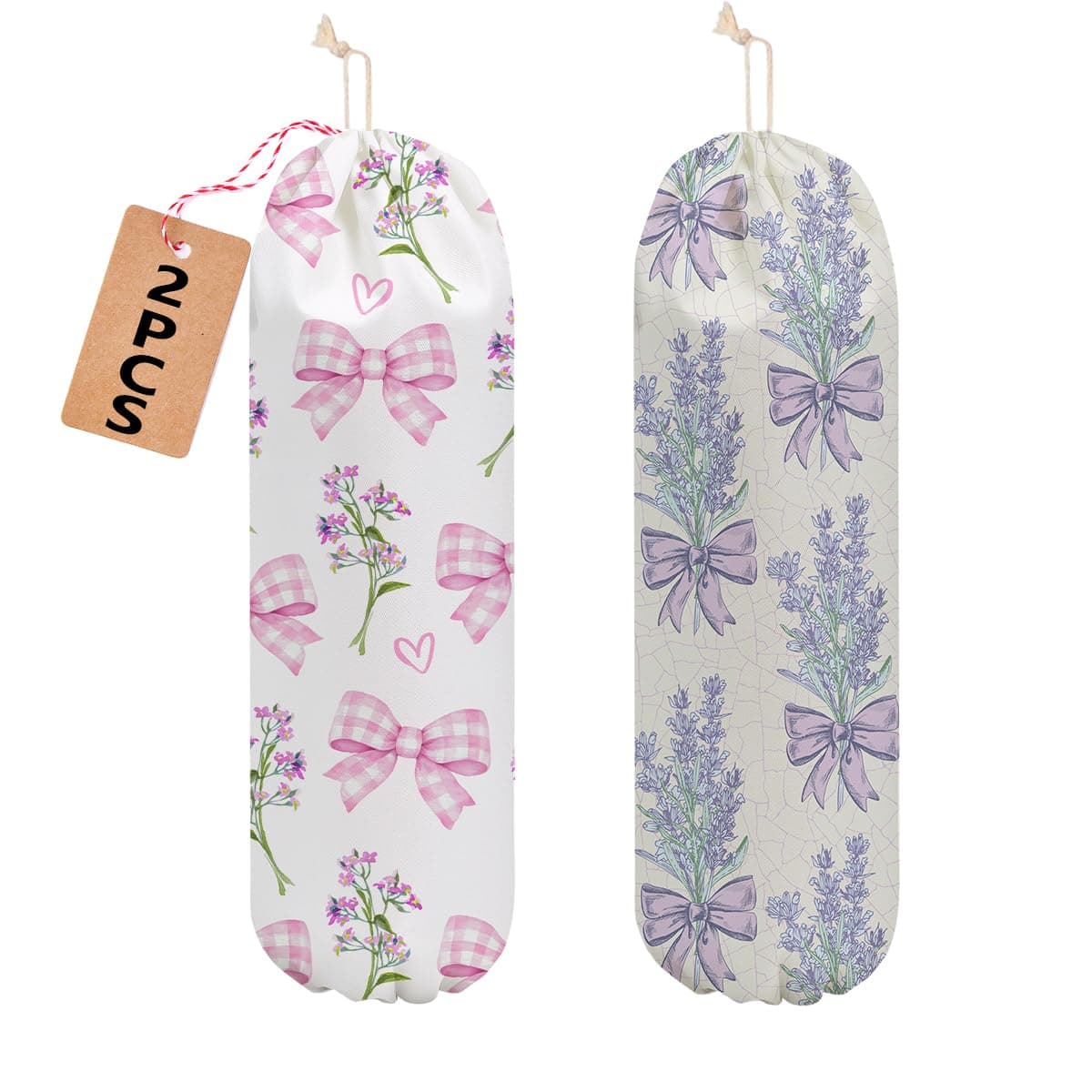 2 Pcs Bow Tie Plastic Bag Holder, Lavender Wall Mount Grocery Bag Holder for Plastic Bags, Washable Reusable Grocery Bags Storage Dispenser for Home Kitchen Pantry Decor, Flowers Gifts for Women Mom