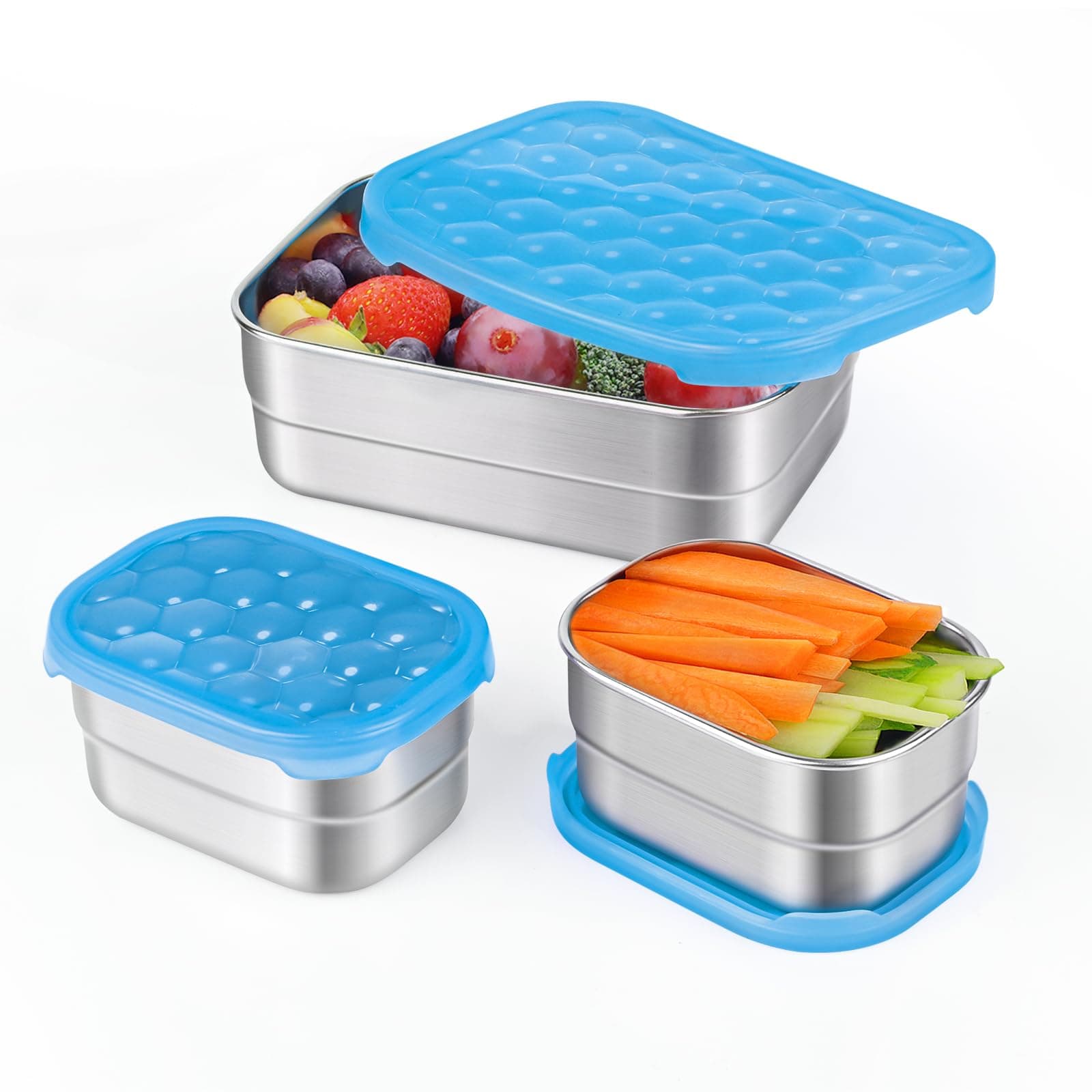 Tanjiae Small Stainless Steel Lunch Containers for Kids | Leak Proof Snack Containers with 100% Pure Silicone Lids - Perfect Metal Lunch Box with Lids for School and Daycare (25oz+8oz*2)