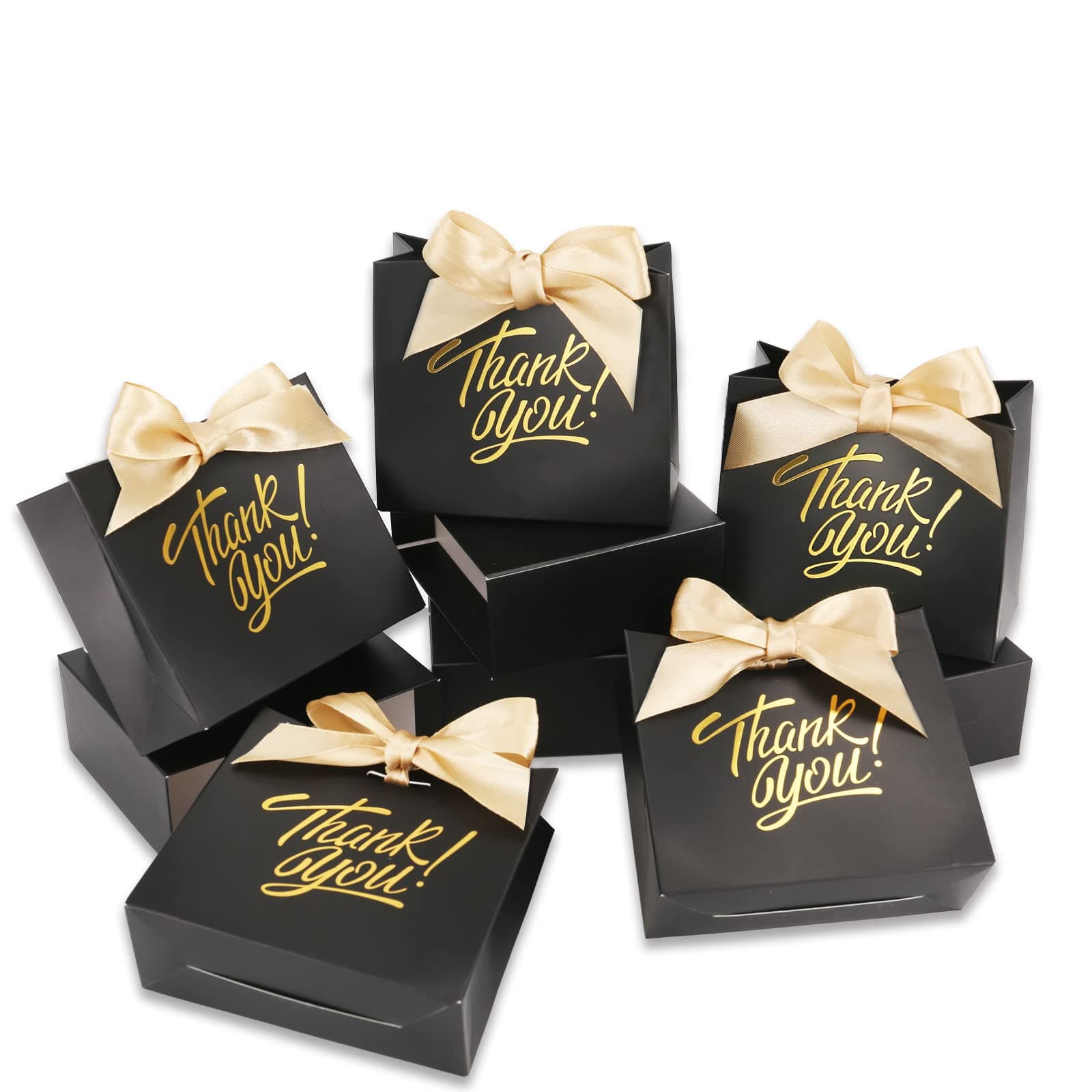 50 Pack Small Thank You Gift Bags, Black Party Favor Bag with Ribbon