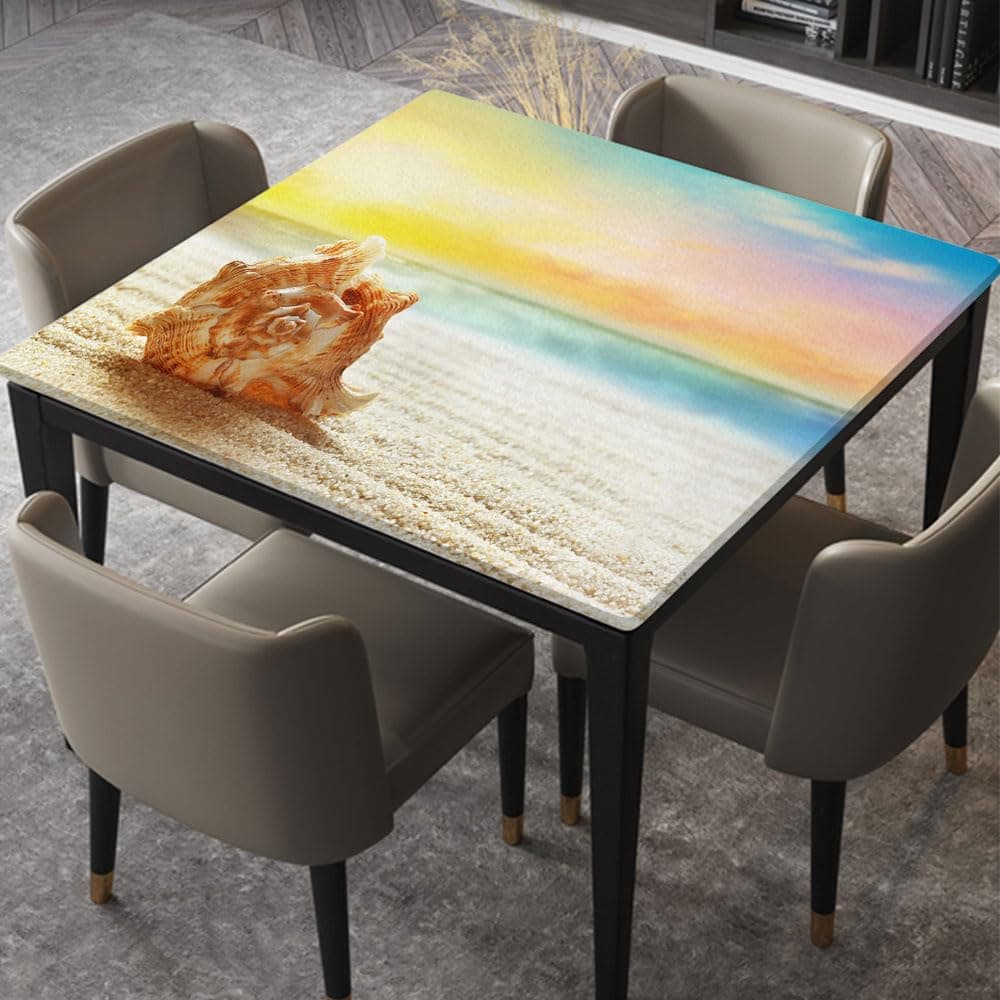 USJJOEO Square Fitted Tablecloth Seashell On The Summer Beach Background Washable Table Covers with Elastic Edge Table Cloth for Outdoor Indoor, Fitted for 42"x42" Square Table, Style 88