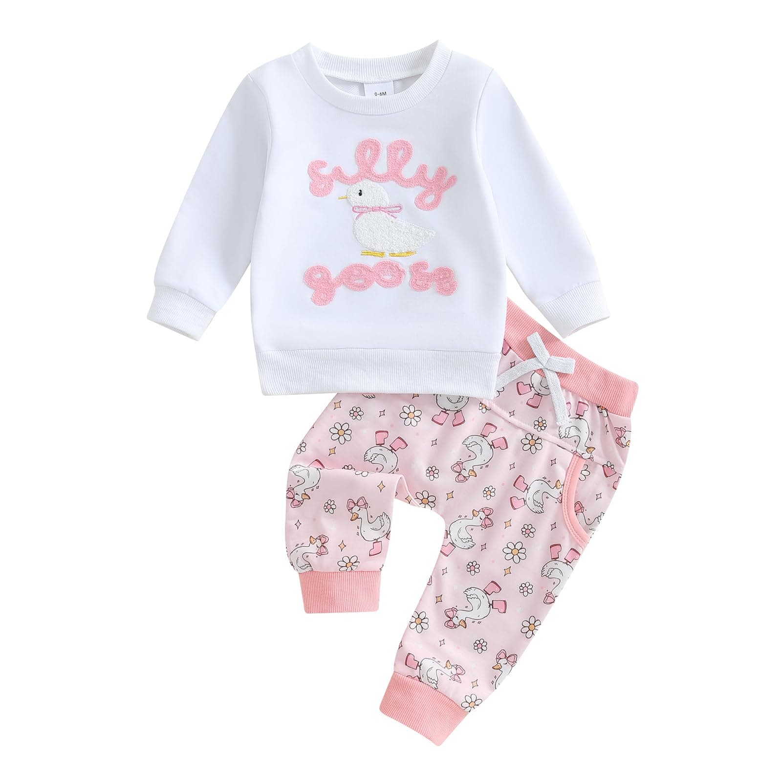 Kupretty Toddler Baby Girl Fall Winter Clothes Embroidered Letter Graphic Crewneck Sweatshirt + Joggers Pants Outfits Set (Silly goose-White, 6-12 Months)