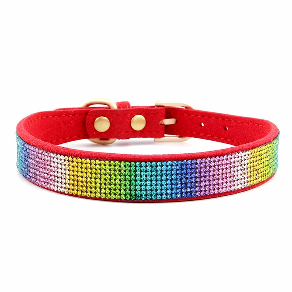 Pimaodog Rhinestone Dog Collar, Cute Dazzling Sparkling Soft Suede Leather Adjustable Pet Dog Cat Collar Crystal Diamond for Puppy Small Medium Large Dogs (L:38-46cm, Red-2)