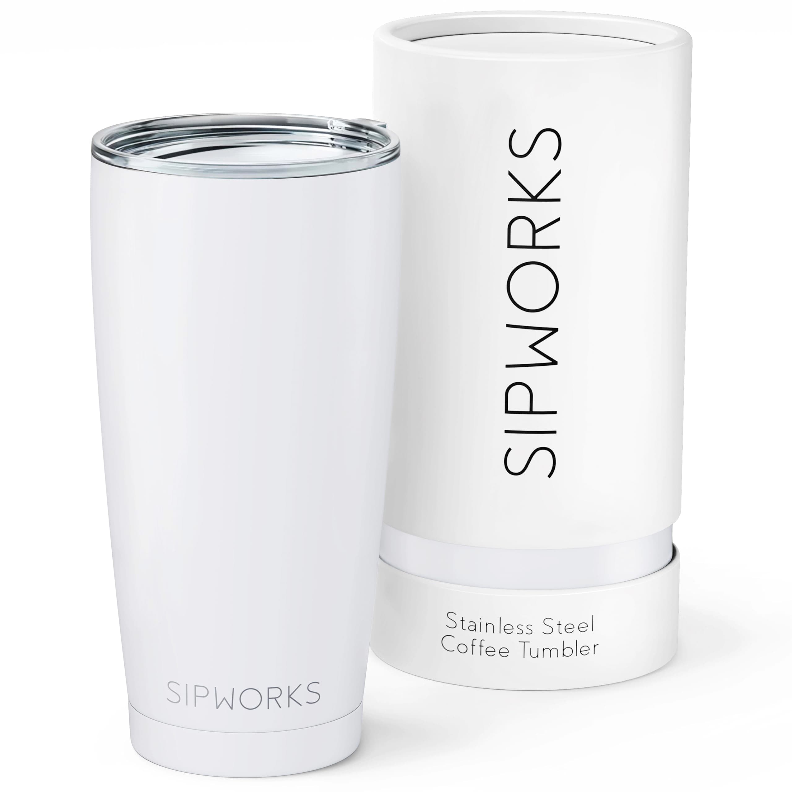 Sipworks Stainless Steel Coffee Tumblers with Lids - 20z Double Walled Vacuum Insulated for Hot & Cold Drinks - Spill Resistant Travel Tumbler - Arctic White