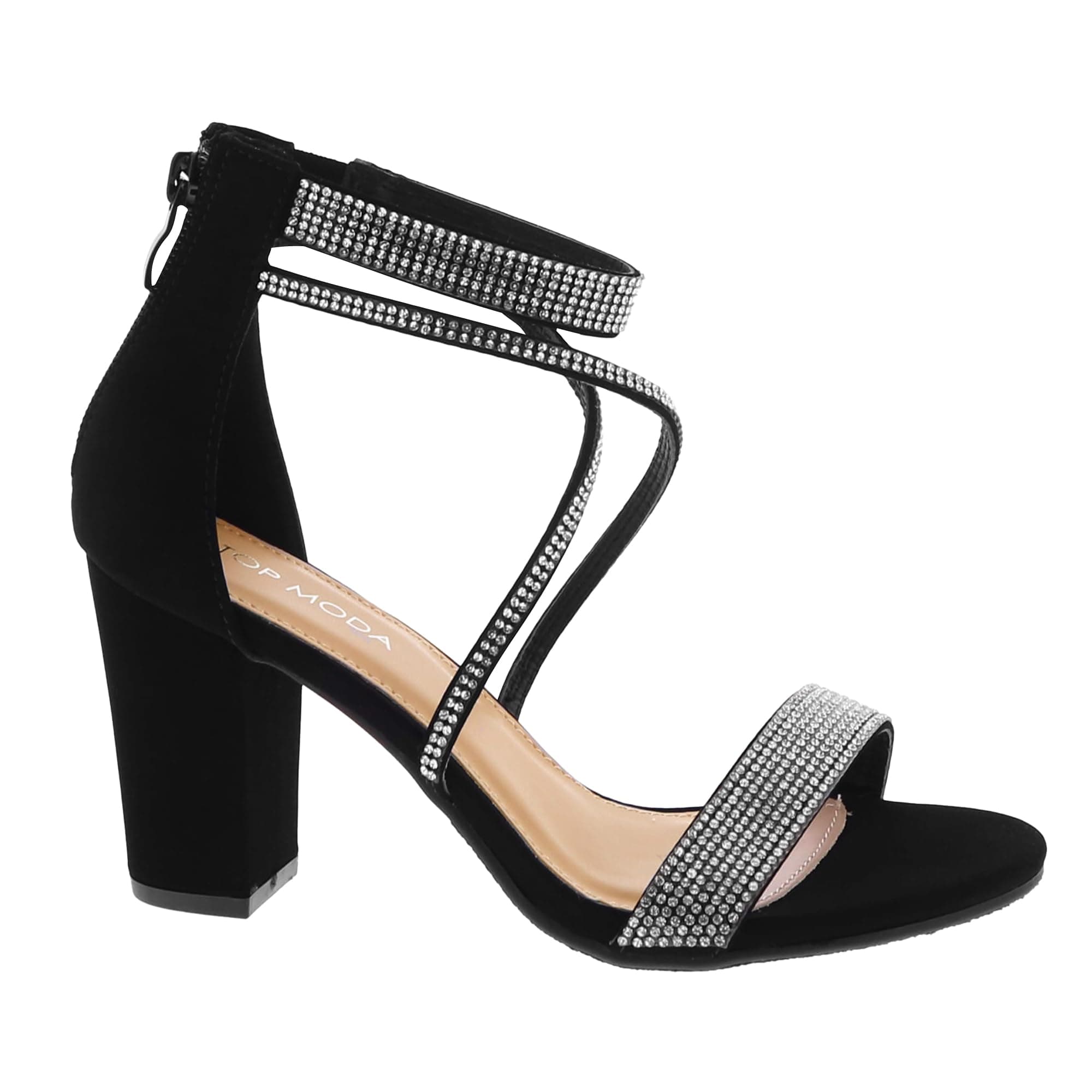 TOP Moda Rosa-66 Ankle Strap Dressy High Heel Sandal, Non-slip Sole, For Wedding, Party, Prom, Evening Wear, or Any Occasion, Sleek Style Block Heel Sandals, Black Nubuck, 8