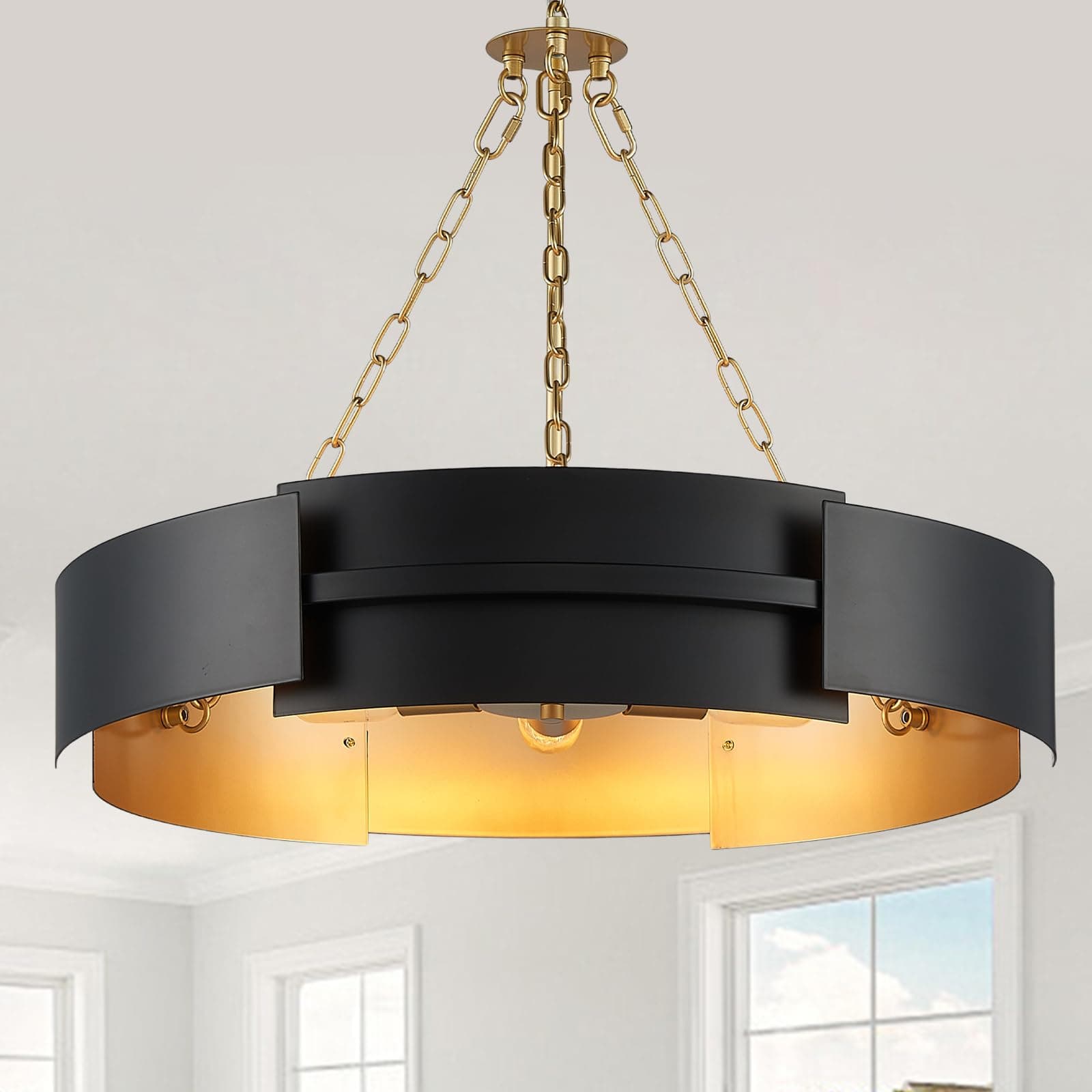 Avzkcy Rustic 26" Drum Dining Chandelier Gold Black Ceiling Light Fixture
