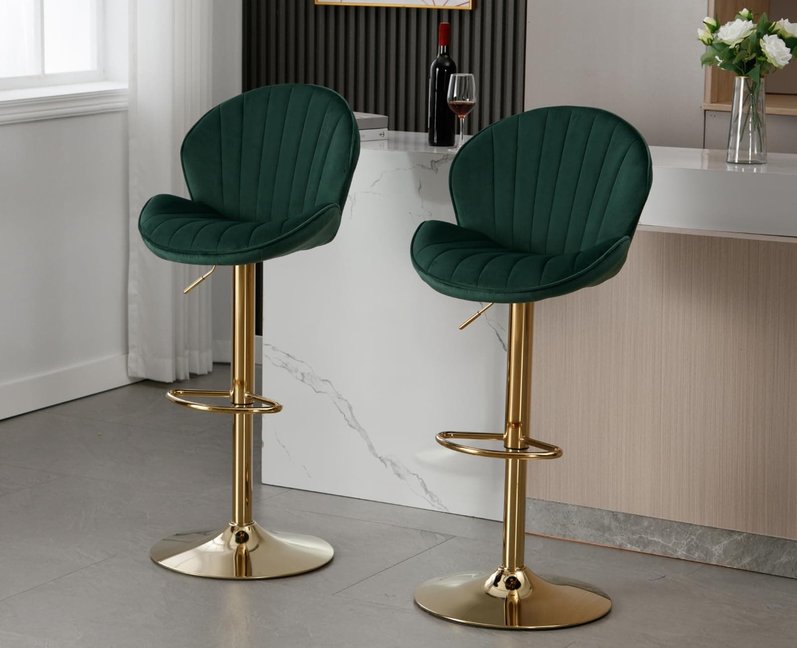 EALSON Velvet Swivel Bar Stools Set of 2 Modern Counter Height Barstools with Back and Gold Base Adjustable Bar Chairs Comfortable Upholstered Kitchen Island Stools for Home Bar/Pub, Green