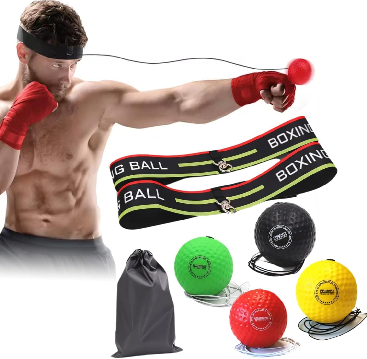 CYSFETENA 4 PU Boxing Reflex Ball with 2 Adjustable Boxing Ball Headband, 1 Storage Pouch, 1 Threading Needle, Portable Punching Balls for Adults to Improve Hand-Eye Coordination