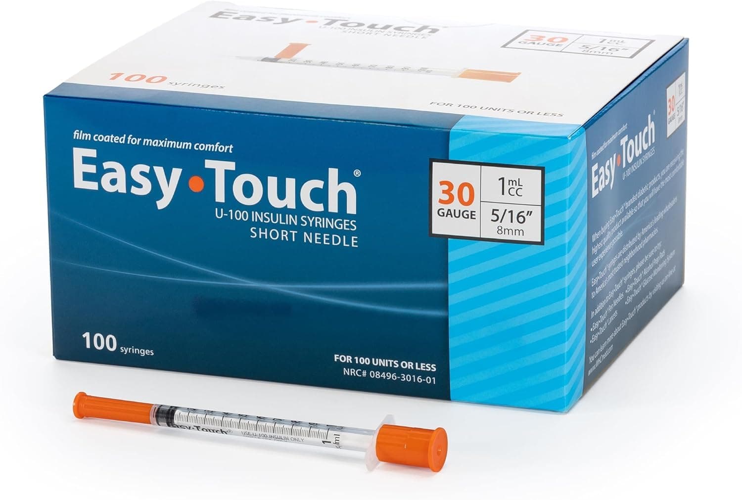 Easy Touch 30 Gauge U-100 Insulin Syringes (30G 1cc 1/2”) with 1/2” Long Needle, 1cc (100 Unit Capacity), Bold Markings for Accurate Dosing, Disposable, Box of 100