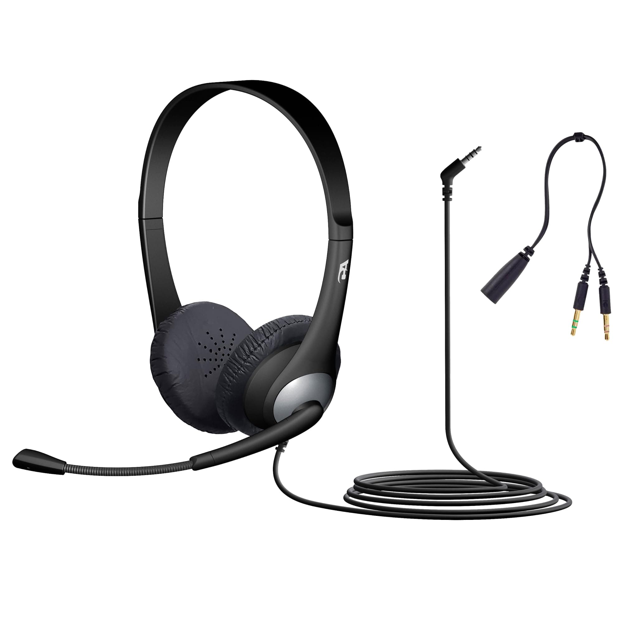 Cyber Acoustics Stereo Headset, 3.5mm stereo & Y-adapter for separate Headphone & Mic Connection, K12 School Classroom and Education (AC-204) , Black