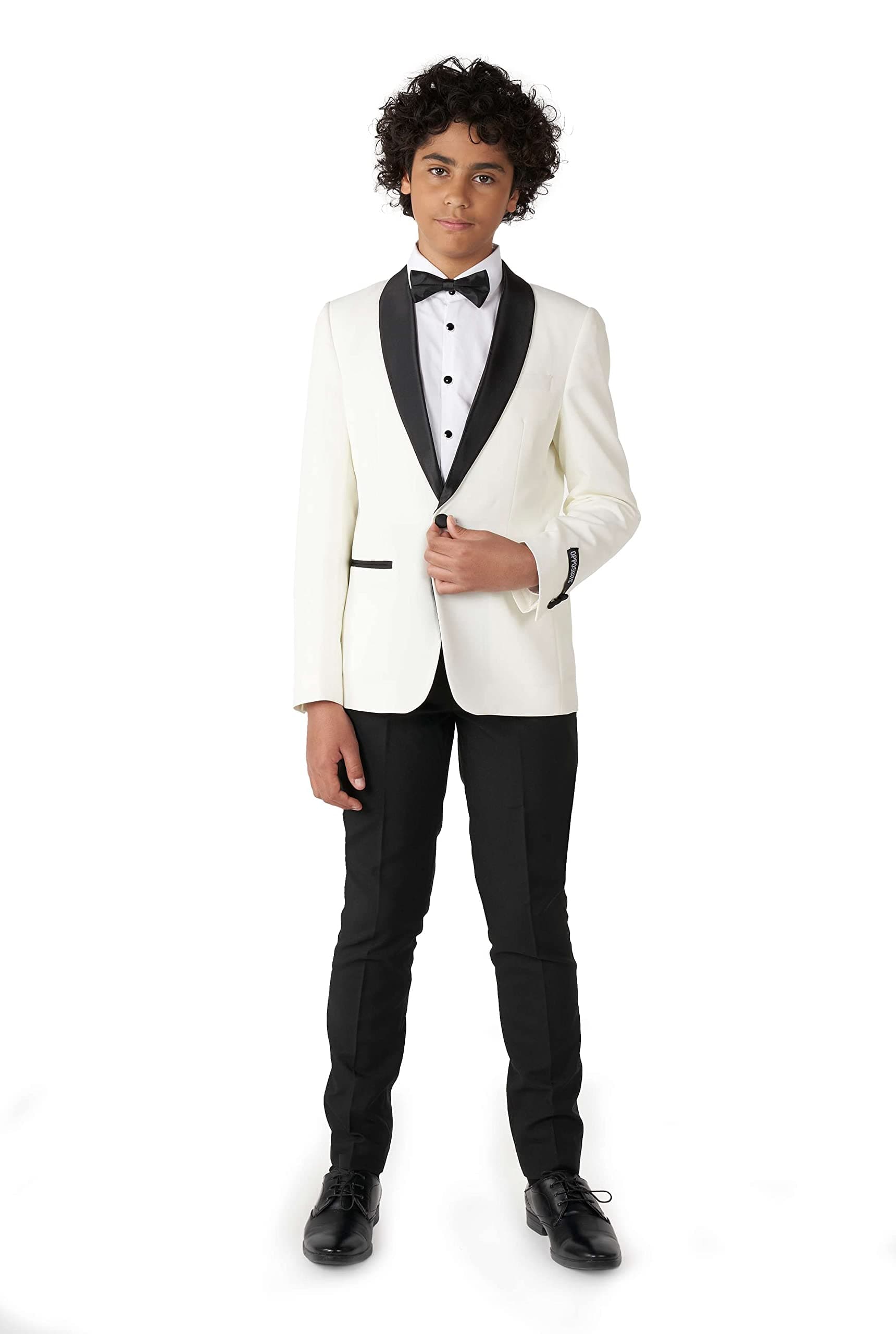 OppoSuits Teen Boys Formal Outfit - Premium Tuxedo Suit - Slim Fit - White and Black - Includes Blazer, Pants and Bow Tie - Size: 10 Years