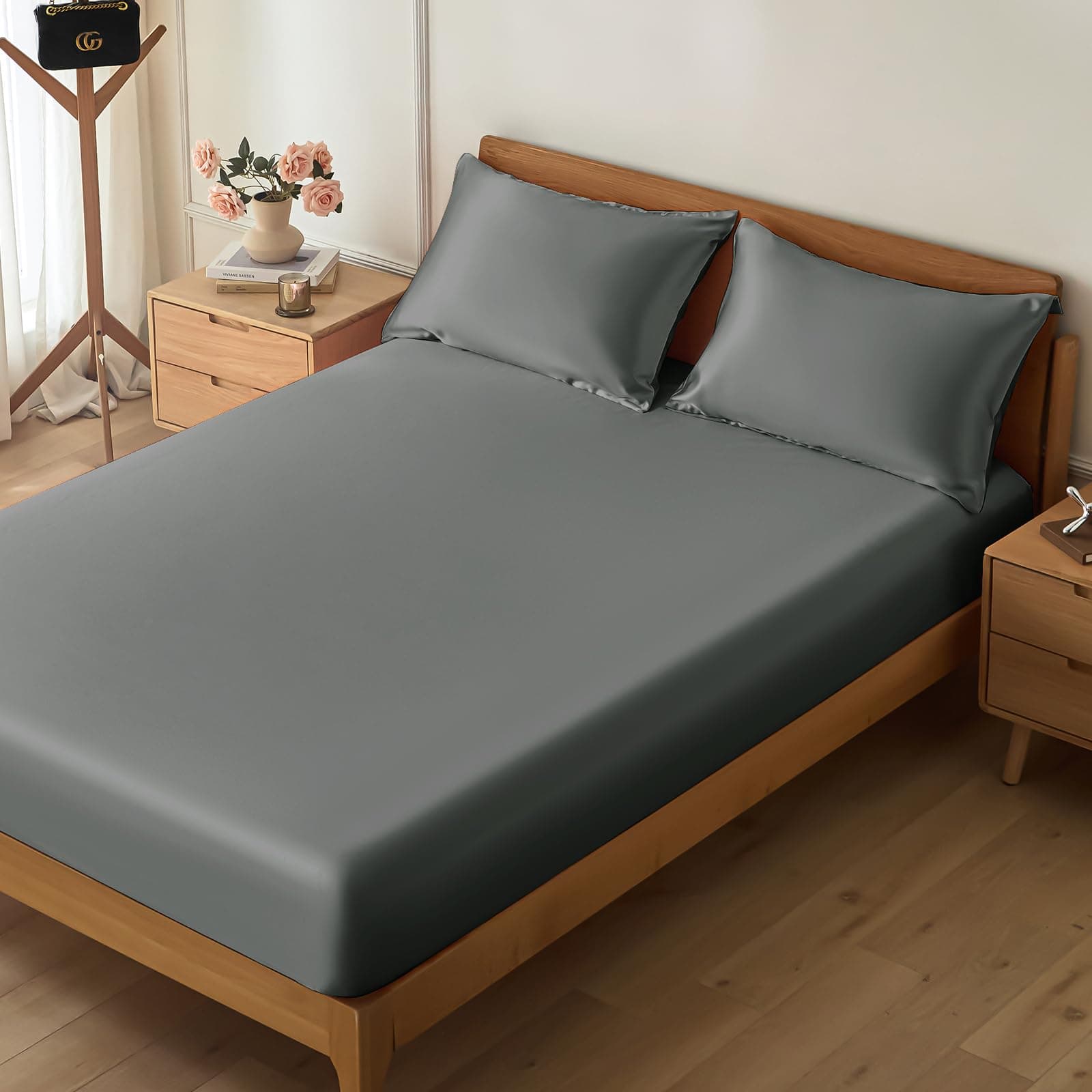 VACVELT 2-Piece Satin Fitted Sheet Set Twin Size, Grey Bottom Bed Sheet with 1 Pillowcase, Similar to Silk Sheets, Luxury & Silky Bedding Set, 15 Inch Deep Pocket