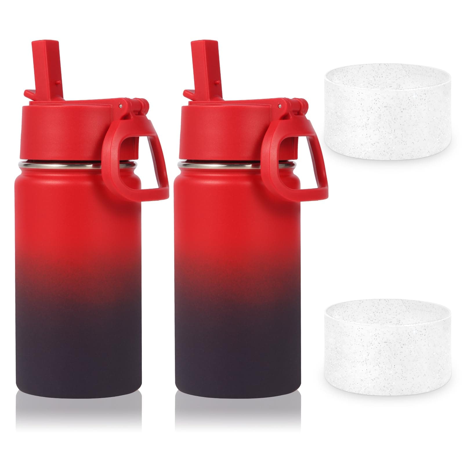 Volhoply 14oz Water Bottle with Straw Lid and Silicone Boot Bulk 2 Pack,Stainless Steel Insulated Flask for Boys & Girls Multipack,Double Wall Vacuum Leakproof Kids bottles(Red Purple,2)