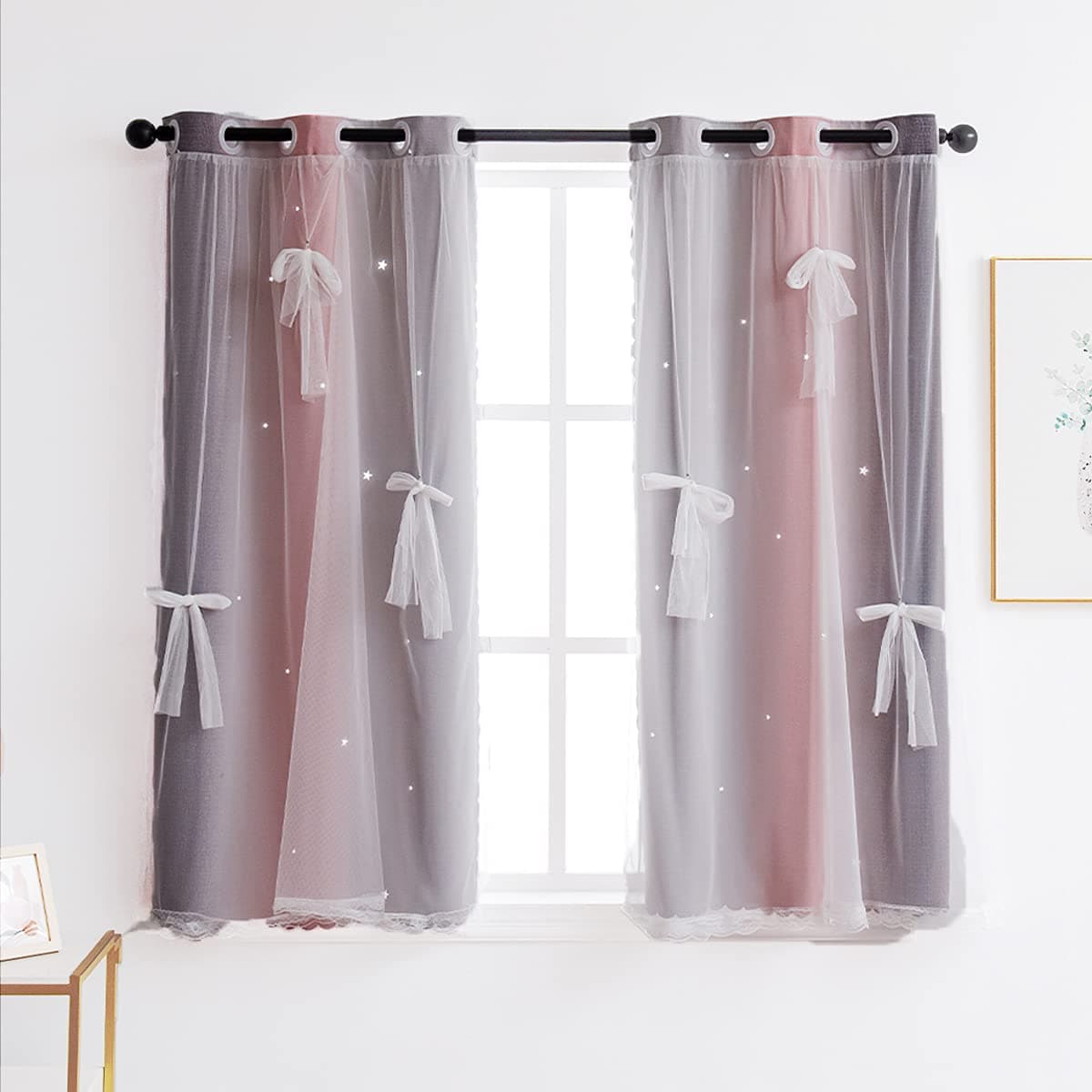 Yancorp Curtains for Girls Bedroom Kids Curtain Hollow-Out Star Window Nursery Curtain 63 inches Length Room Darkening Grommet 2 Layers (Pink Grey, W34 X L42)
