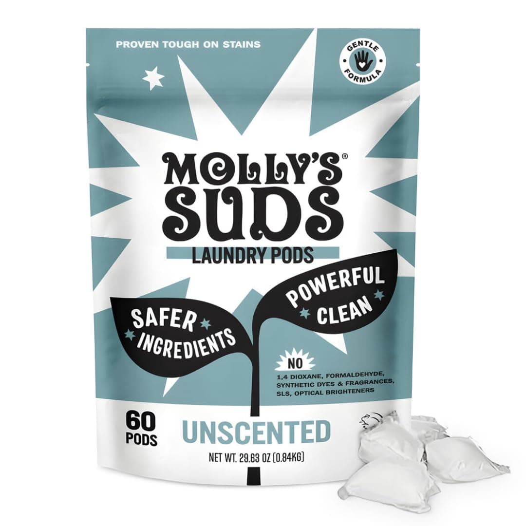 Molly's Suds Laundry Detergent Pods | Natural Detergent for Sensitive Skin | Ultra Concentrated and Stain Fighting (Unscented - 60 Count)