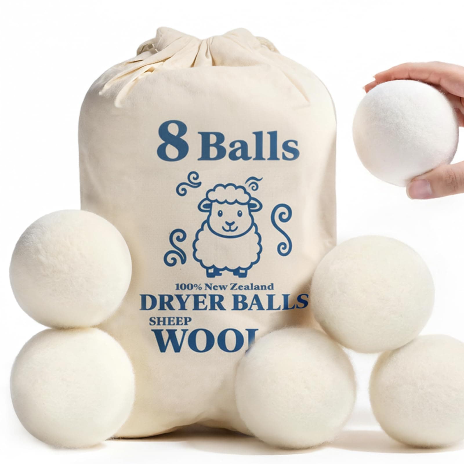 Wool Dryer Balls, New Zealand Dryer Balls Laundry Reusable Reduce Static Cling, Dryer Ball to Reduce Wrinkles & Shorten Drying Time, Drying Balls Fabric Softener Ball for Laundry(Pack of 8)