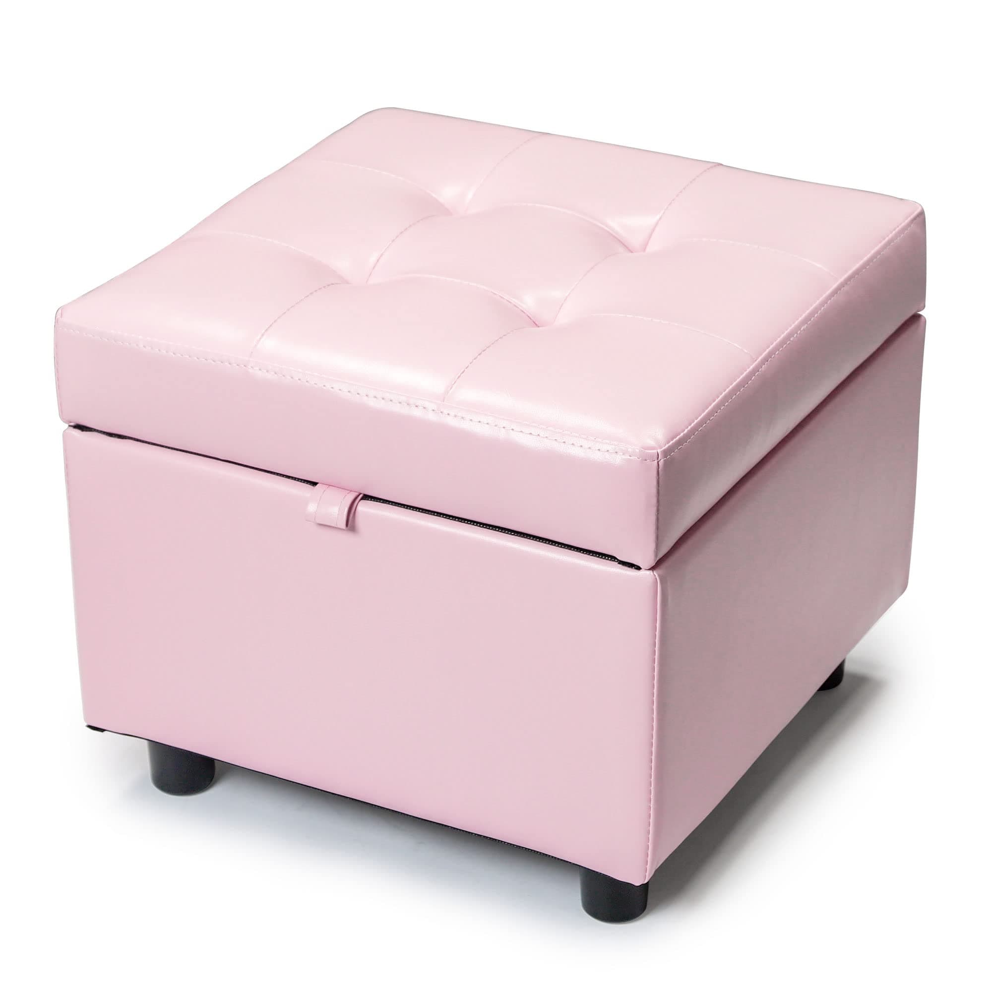 H&B Luxuries Tufted Leather Square Flip Top Storage Ottoman Cube Foot Rest, Pink With Storage