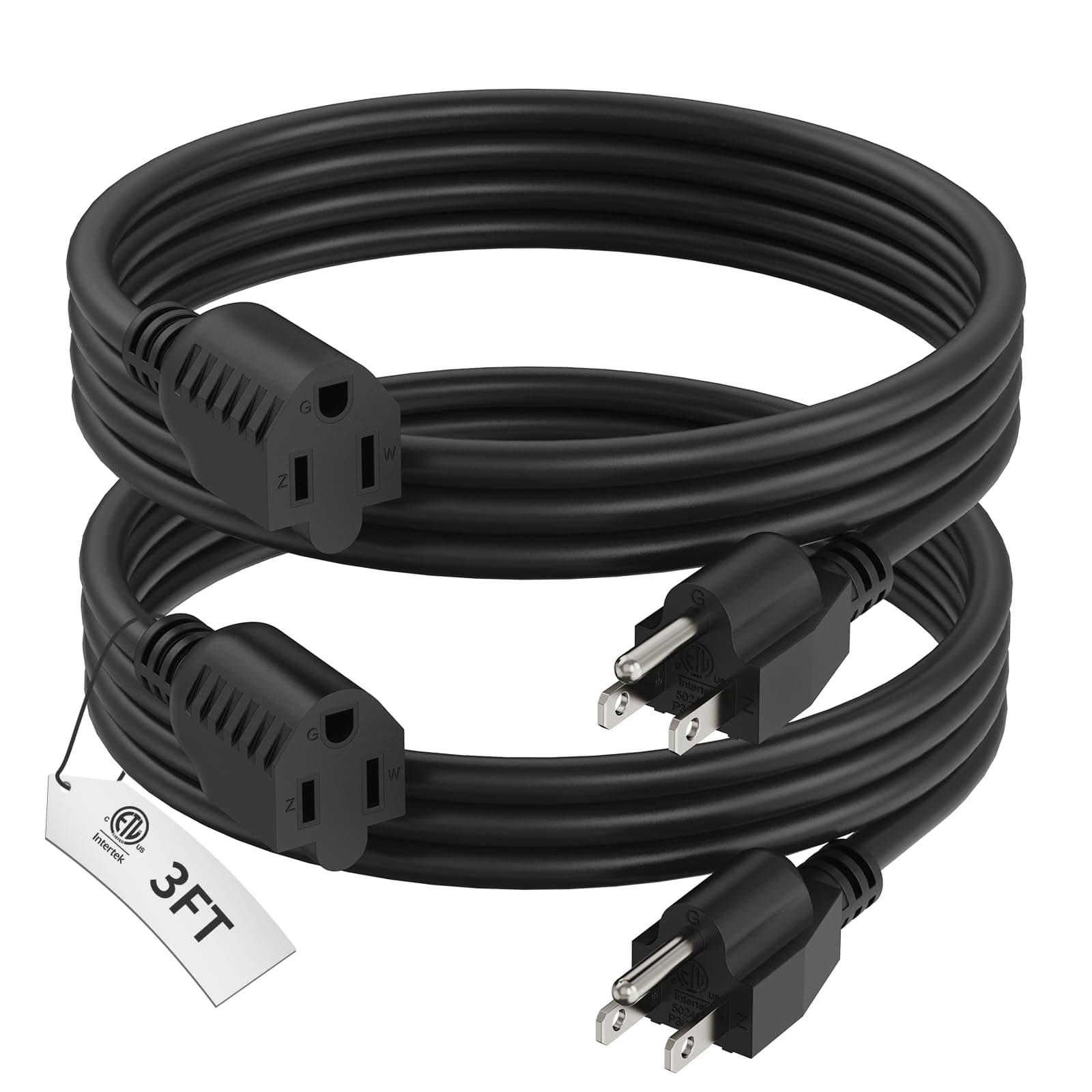 PLUGTUL 3 Foot Extension Cord Black, 2-Pack Short Power Cord, Indoor/Outdoor 16 Gauge 3 Prong Grounded Wire ETL Listed, 13A 1625W 125V SJTW