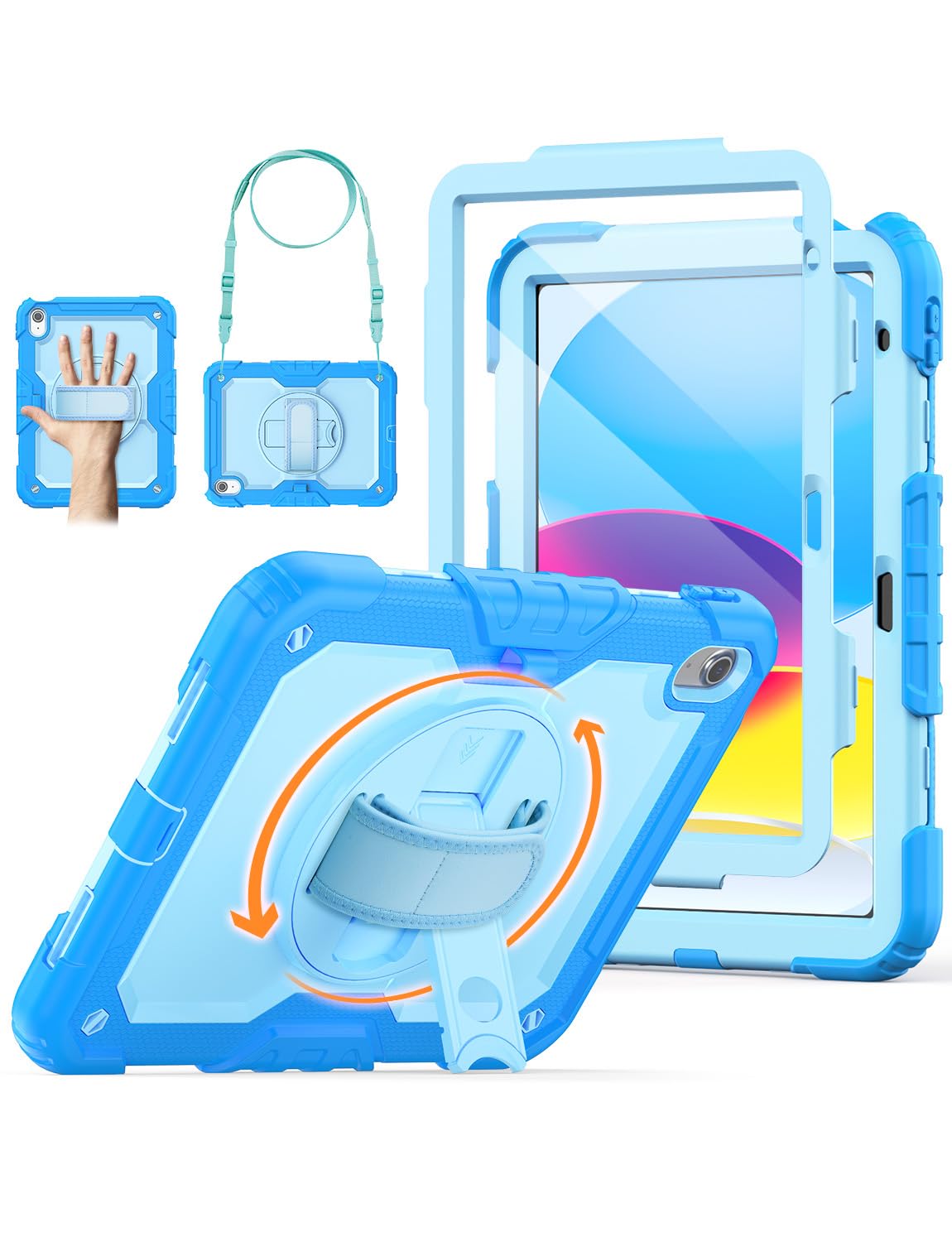 SCSVPN Case for iPad (A16) 11th/10th Generation 11/10.9'' 2025/2022, Full-Body Rugged Shockproof Kids Cover w/Screen Protector 360 Rotate Stand Adjustable Hand/Shoulder Strap Pencil Holder, Sky Blue