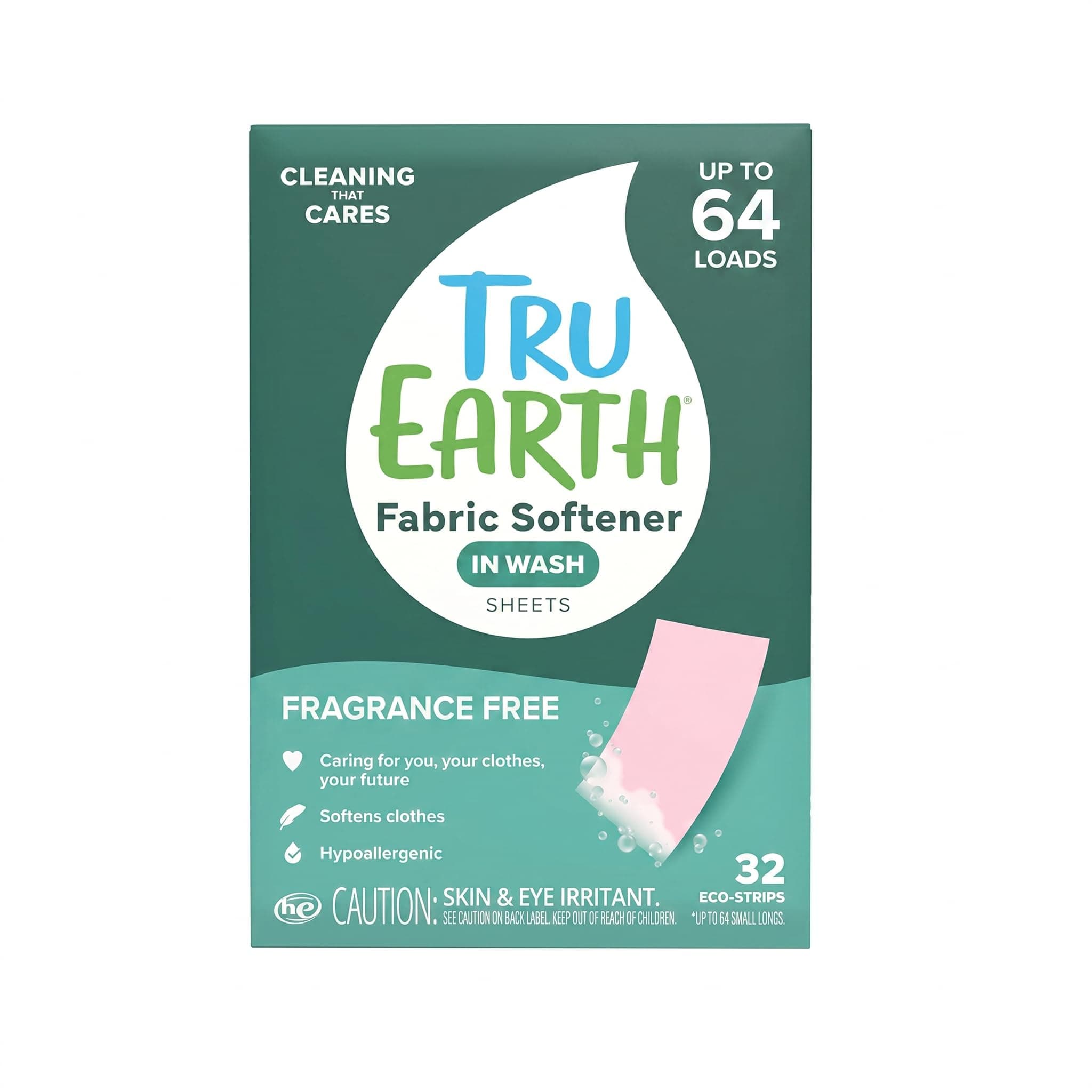 Tru Earth Fabric Softener Strips for Washing Machine, Alternative to Fabric Softener Liquid and Pods, Unscented Fragrance Free, Up to 128 Loads Per 64-Count