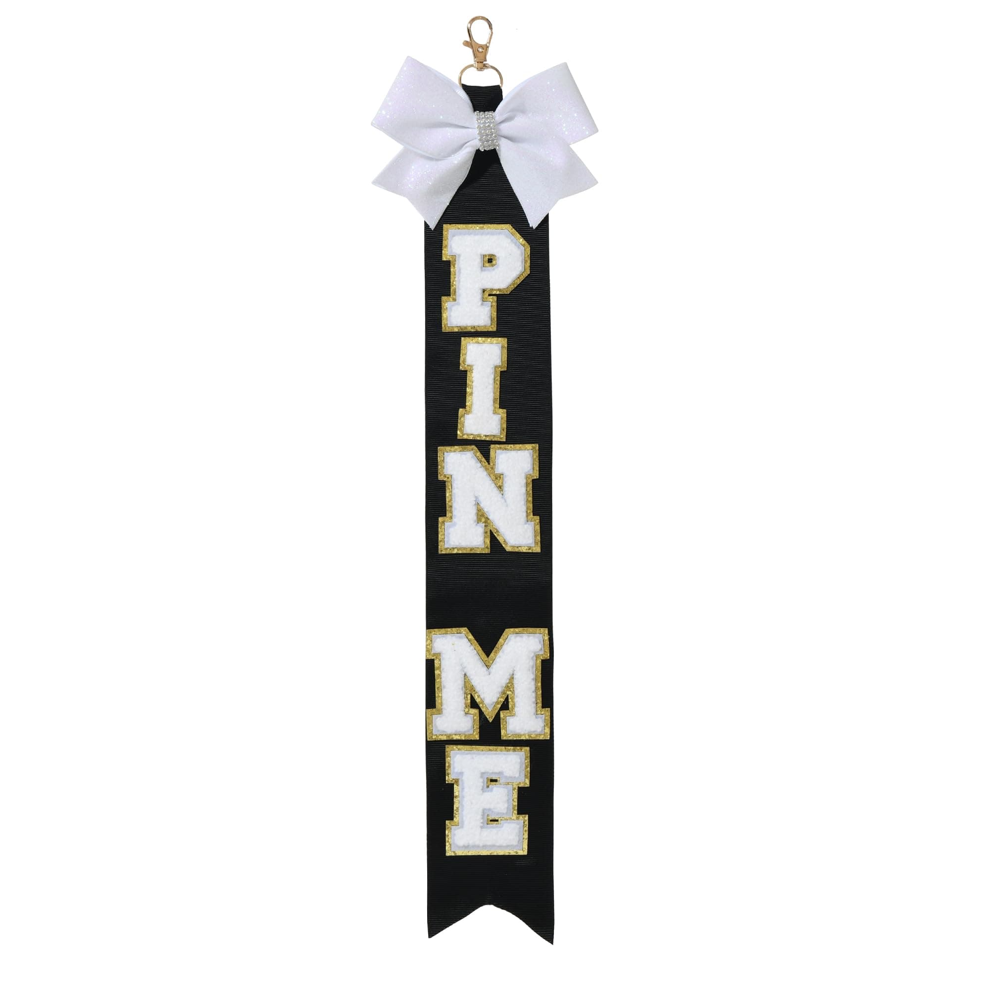 PIN ME Ribbon – 17" Cheer Clip & Pin Peg Holder with Chenille Letters, Glitter Bow & Clasp for Backpacks, Allstar Cheer Competition Accessory & Team Gift