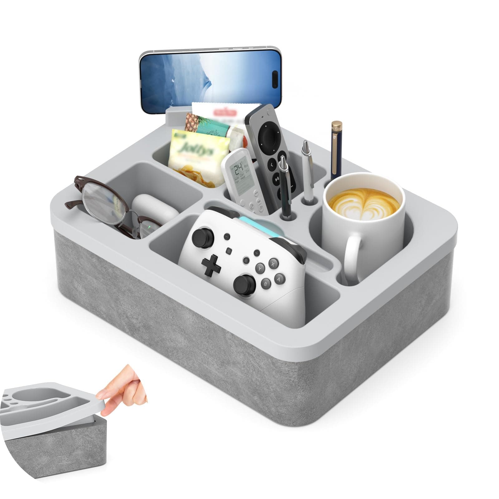 Couch Cup Holder Tray Couch Caddy Couch Drink Holder Pillow 10 Compartments, Removable Silicone Top & Sponge Base Bed Cup Holder with 360°Swivel Phone Stand for Snacks Remote Controller Pen 12.2"x9.5"
