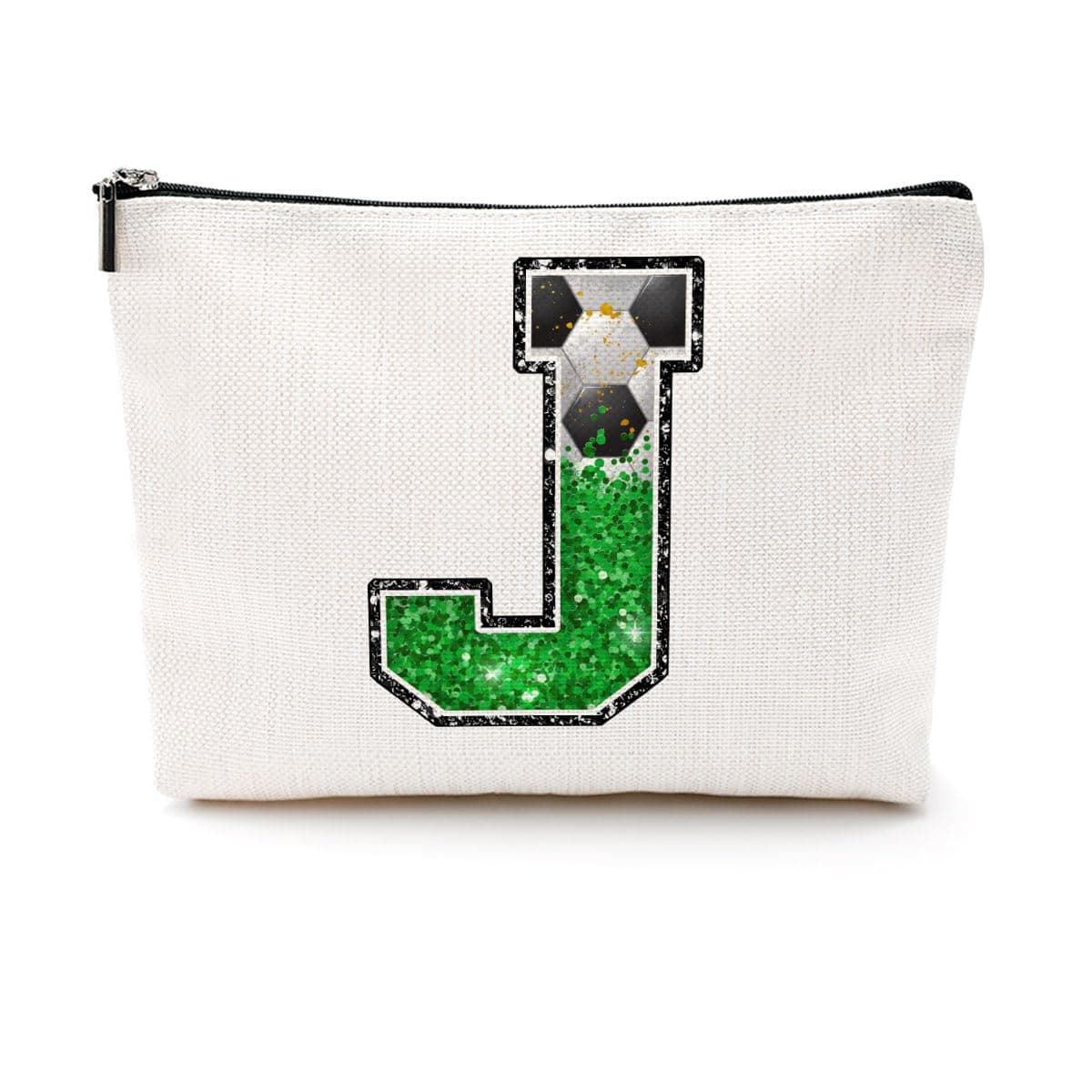 Soccer Gifts Initial Makeup Bag Monogrammed Cosmetic Bag Letter J Zipper Pouch Soccer Accessories for Girls Women Soccer Player Coach Friend Soccer Stuff Graduation Birthday Gifts, J, 9.6 x 7.4 inches