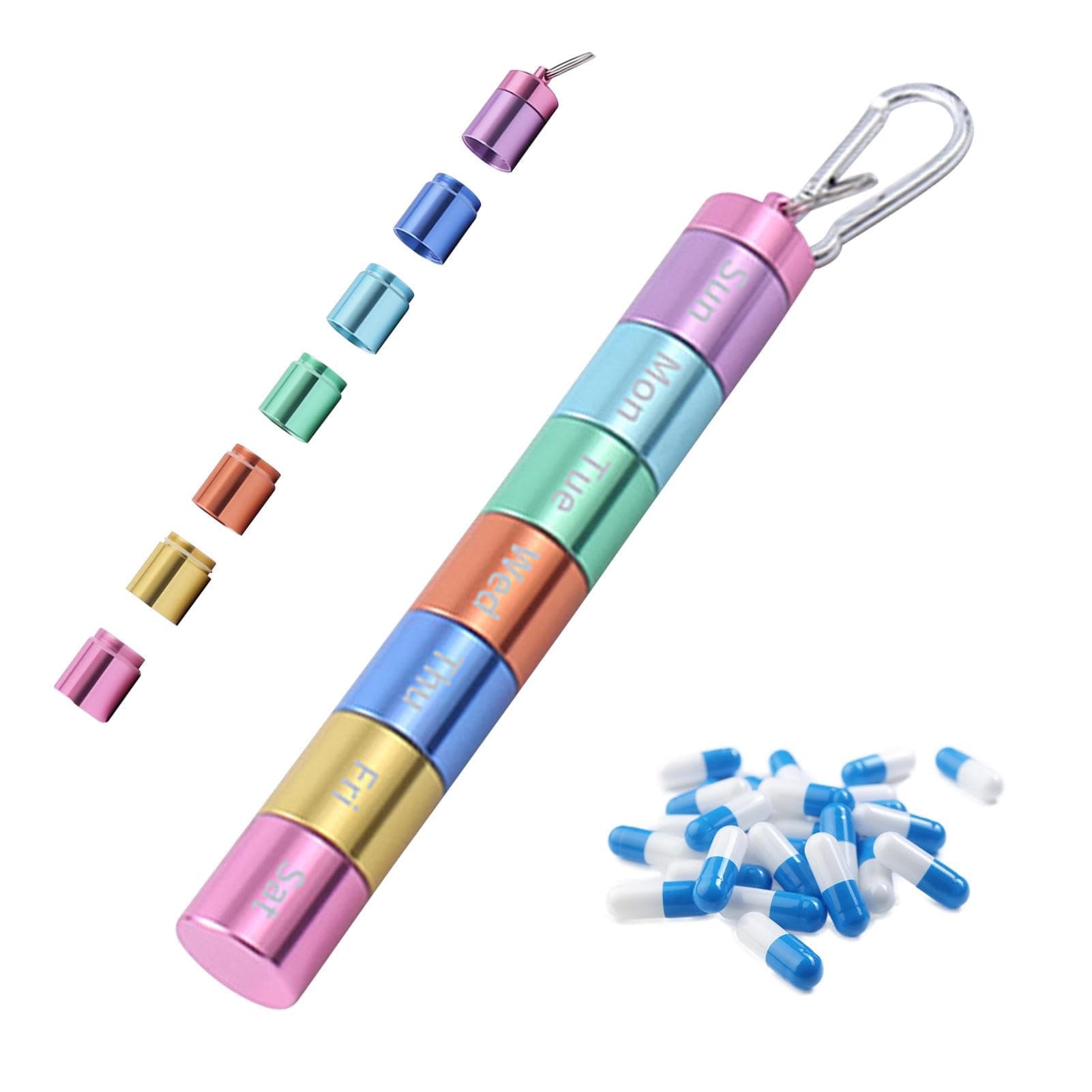 Pill Box Organiser, Portable Weekly Pill Box, 7 Day 1 Times a Day Compartments Tablet Organiser Box, Rainbow Metal Pill Holder Waterproof Pill Case with Keychain for Outdoor Travel Camping Work