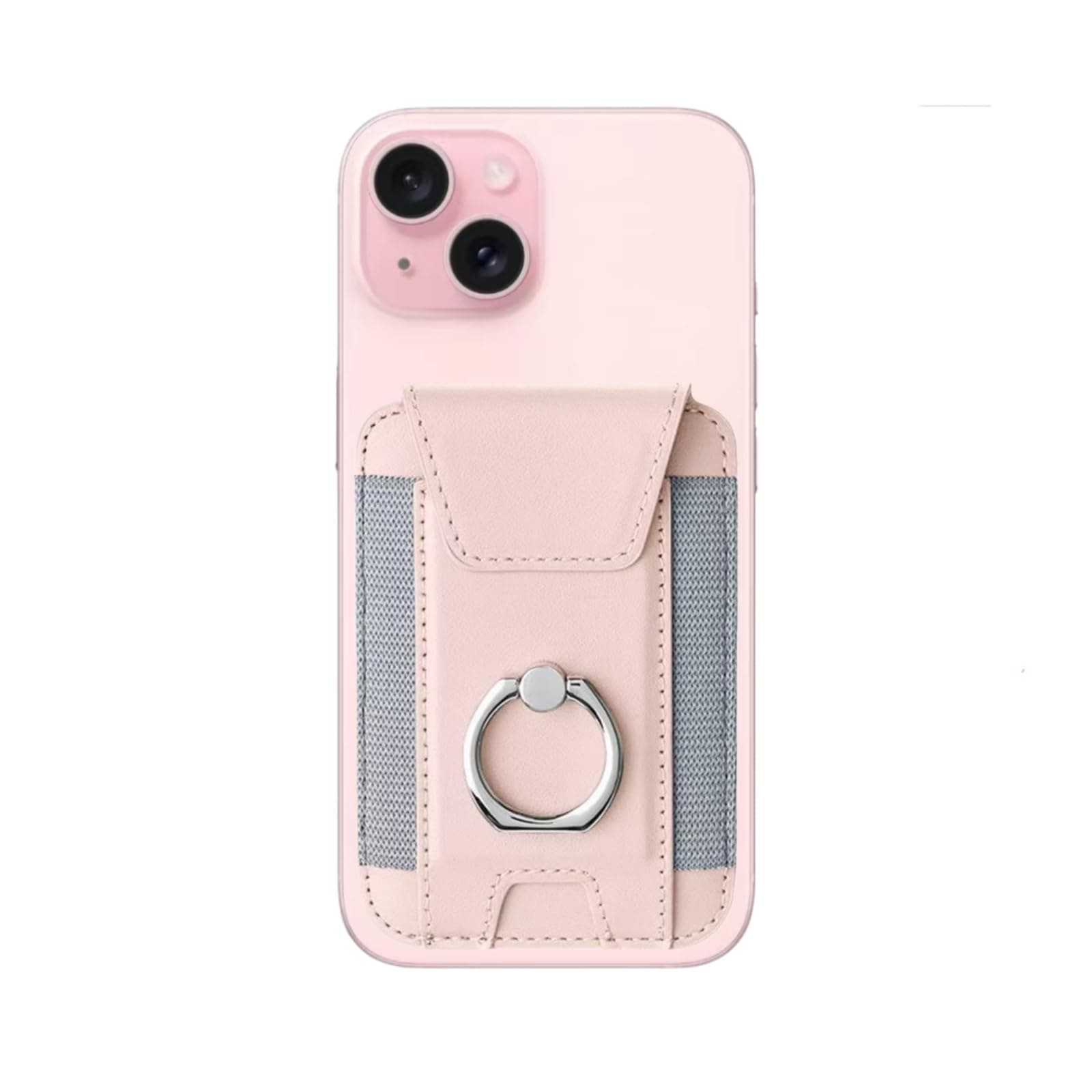 UPEWEFI Phone Wallet Card Holder with Ring Stand, Leather Magnetic Stick On Wallet, Slim Card Holder with Privacy Flap for MagSafe Compatible Phones (Pink)