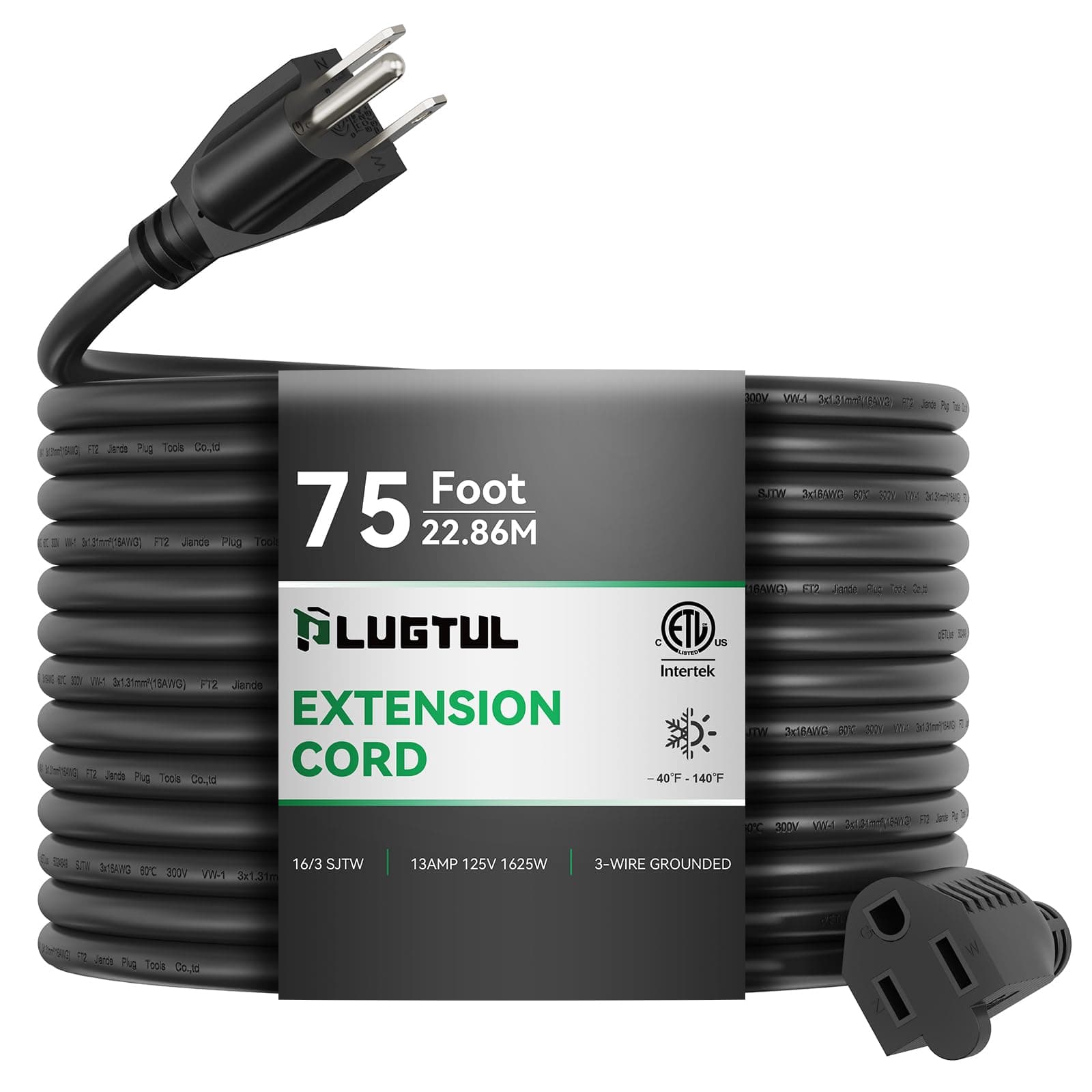PLUGTUL Outdoor Extension Cord 75 FT Waterproof, 16/3 Gauge Black Heavy Duty 3 Prong Extension Cord, 13A 1625W SJTW, ETL Listed, Great for Garden and Home